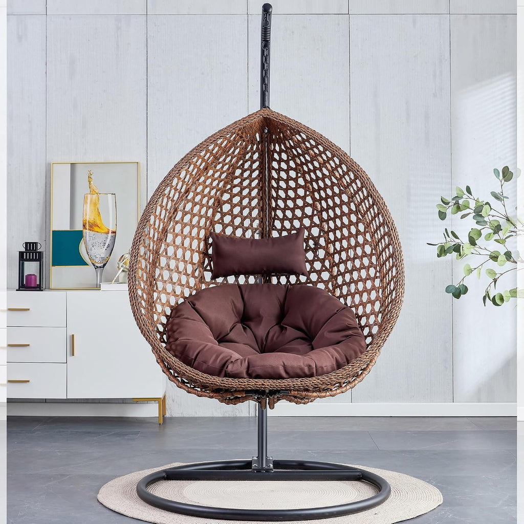 Brown Egg Swing Chair with Stand,Hanging Egg Chair Indoor Outdoor with Cushion and Pillow,Modern Wicker Swing Chair,300lbs Capacity for Porch,Patio,Garden, Bedroom, Balcony,Yard