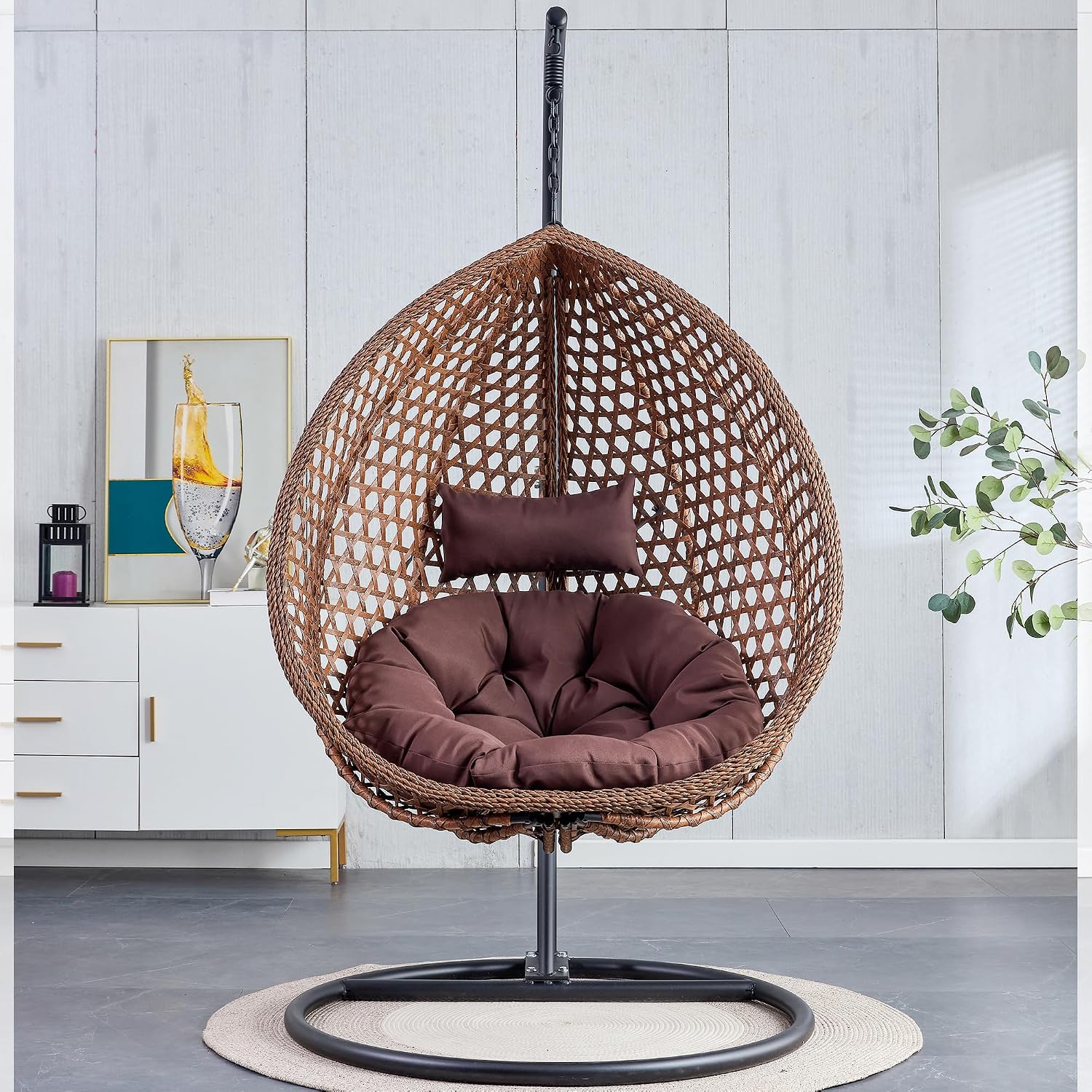 Brown Egg Swing Chair with Stand,Hanging Egg Chair Indoor Outdoor with Cushion and Pillow,Modern Wicker Swing Chair,300lbs Capacity for Porch,Patio,Garden, Bedroom, Balcony,Yard