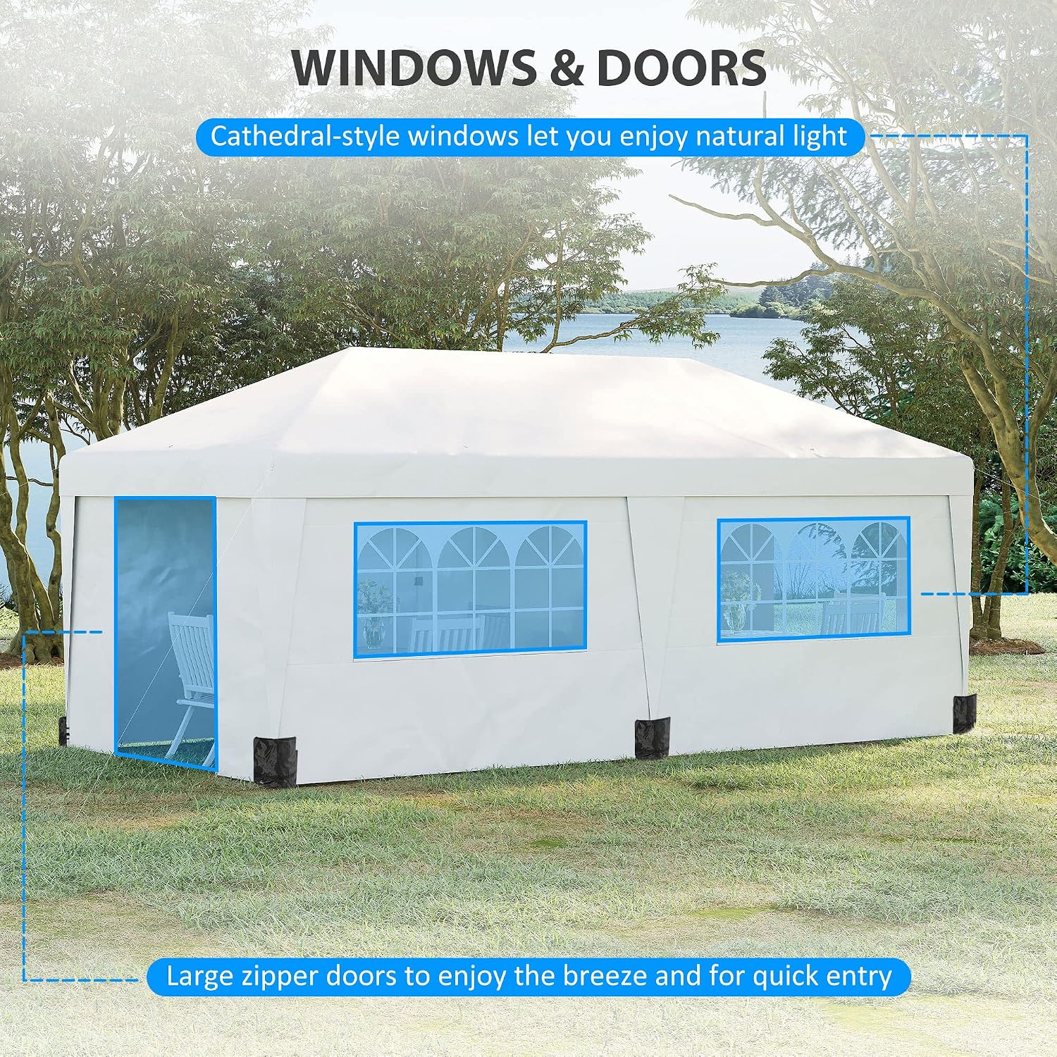 Outsunny 10' x 19.5' Pop Up Canopy with Sidewalls, UPF 30+ Height Adjustable Large Party Tent Event Shelter with Sandbags and Wheeled Carry Bag for Garden, Patio, White