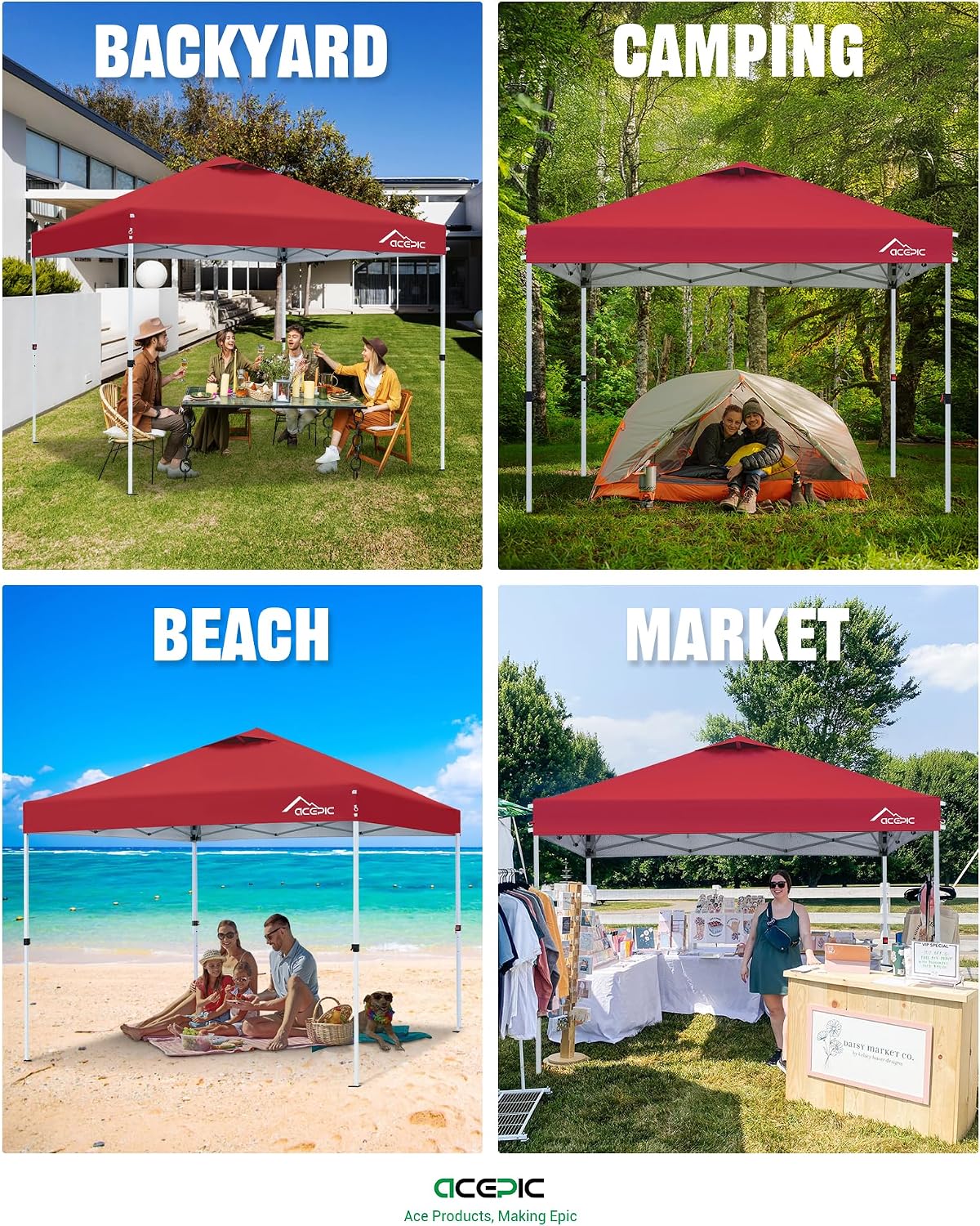 Acepic 10x10 Pop Up Canopy Tent,300D Silver-Coating Top,Pop Up Canopy Tent Instant Portable Shelter with 1-Button Push and Wheel Carry Bag, 8 Stakes and 4 Canopy Weights (Lava Red, 10x10)