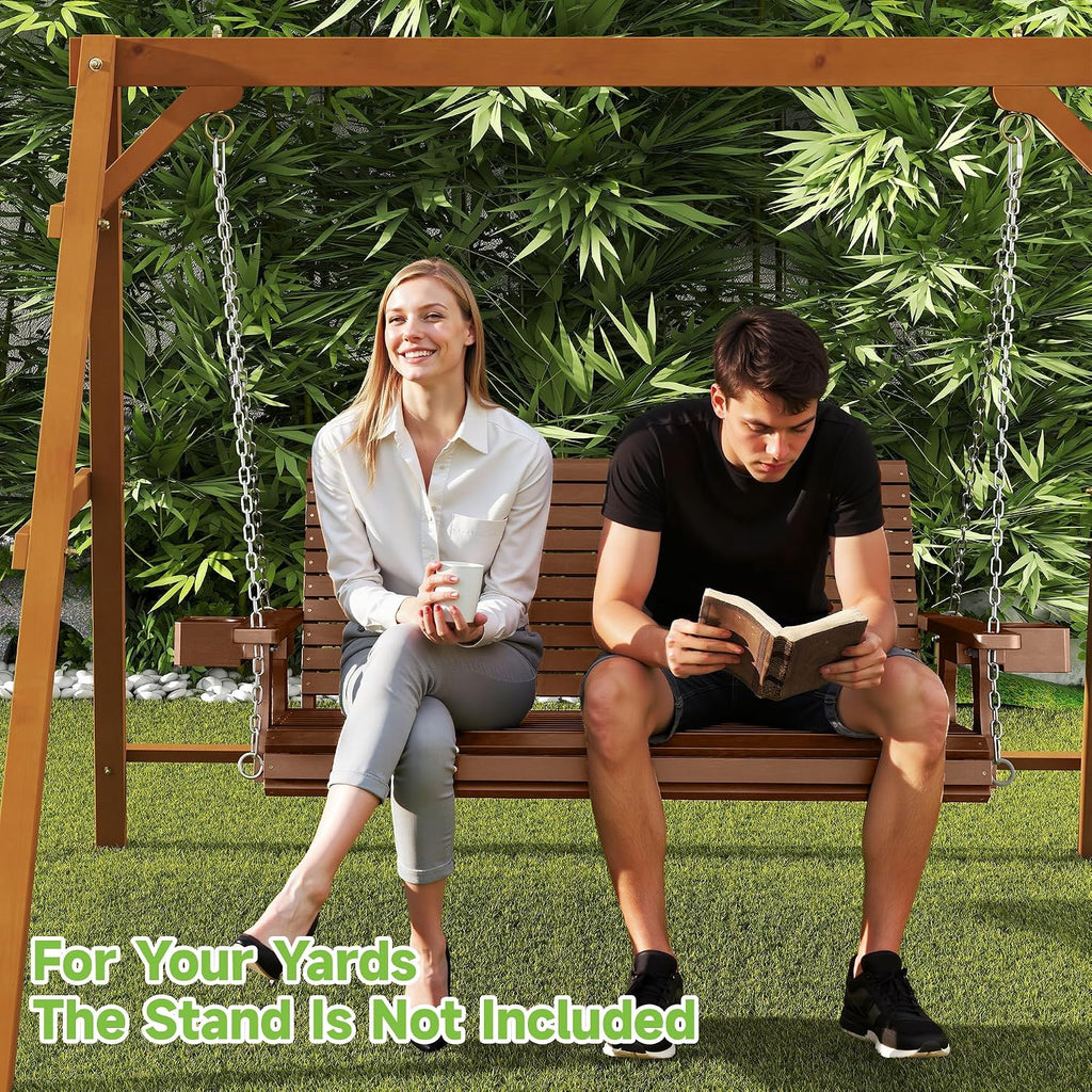 Real Relax 2-Seater Front Porch Swing, Wooden Outdoor Porch Swing Bench Chair with Cupholders, Upgraded 22' Deep Seat, Heavy Duty 880 Lbs Hanging Chains for Outdoor, Patio, Backyard 4 FT (Teak Tone)