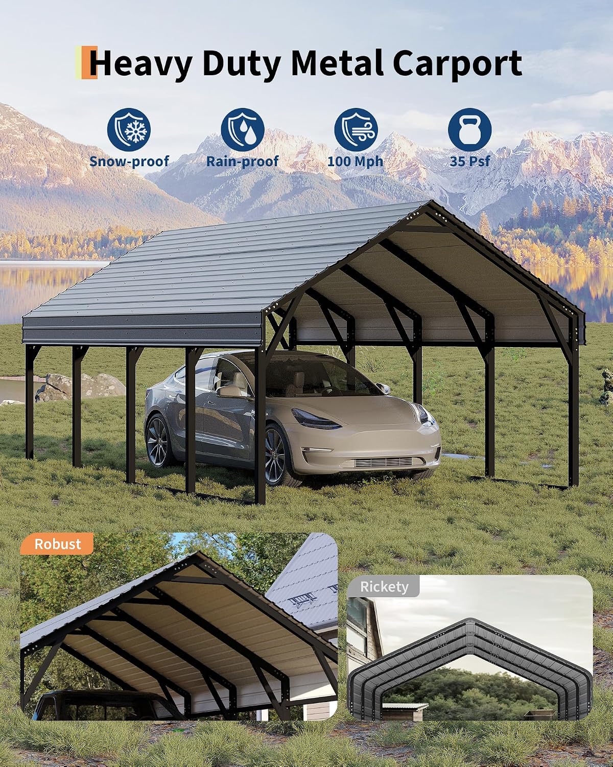 12 x 20 FT Metal Carport, Heavy Duty Carports Reinforced Frame and Steel Roof, All-Weather Shelter Canopy for Pickups, Boats, Cars, and Tractors
