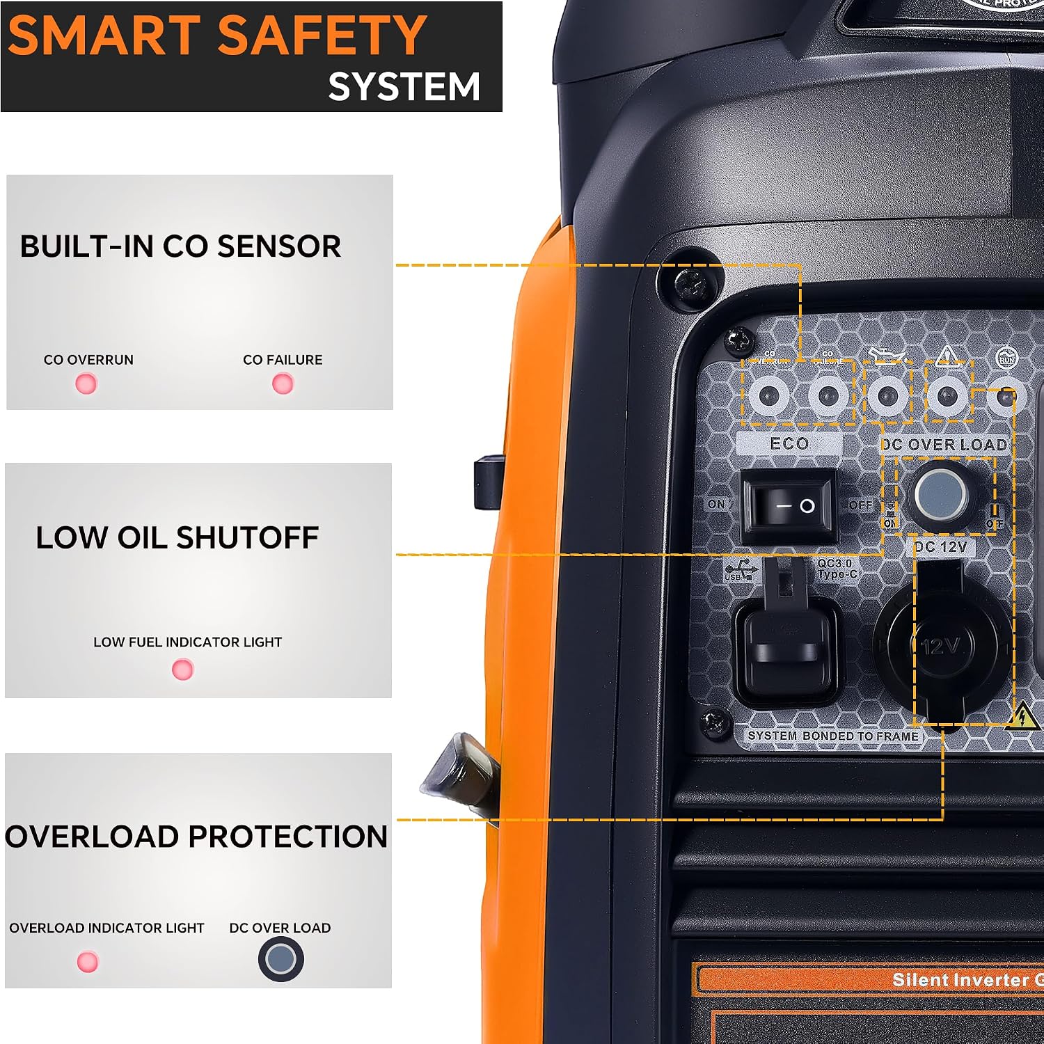 2500 Watt Portable Inverter Generator, Ultra-Quiet Long Runtime Gas Generator with CO-Sensor Fuel Off, Parallel function, for Camping, Tailgating, Home Emergency Use, EPA Compliant (Orange)