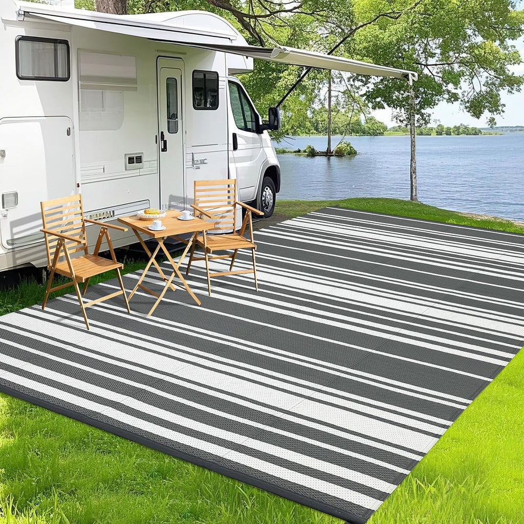 Garvee Outdoor Rug 9 ft x 18 ft Waterproof Plastic Straw Patio Rug, Outdoor Large Area Rug Mats for Camper Indoor Outdoor Carpet for Rv Deck Porch Picnic Beach Balcony (Grey)
