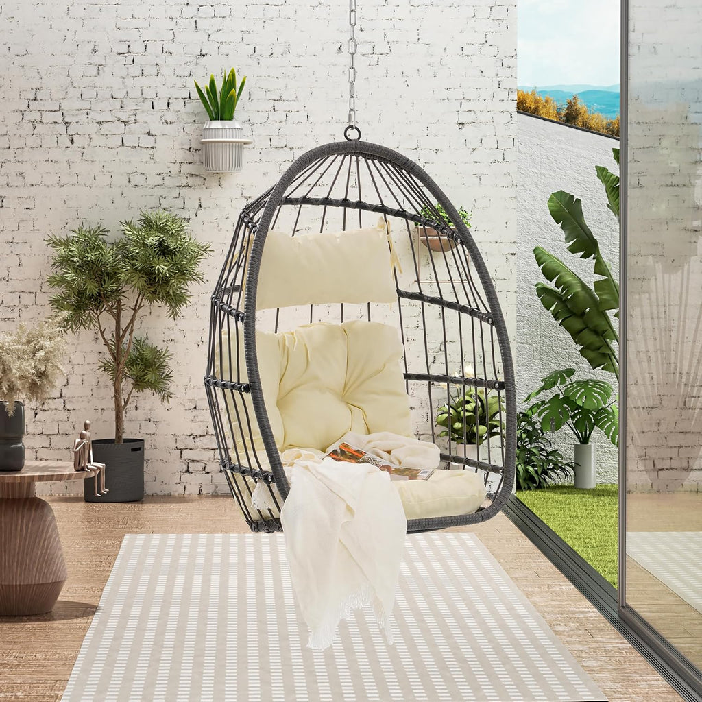 55.6' Outdoor Garden Rattan Egg Swing Chair,Patio UV Resistent PE Hanging Chairs with Cushion,Galvanized Steel Frame,Load: 360lbs,All Weather Foldable Hammock for Bedroom,Porch,Khaki+Yellow