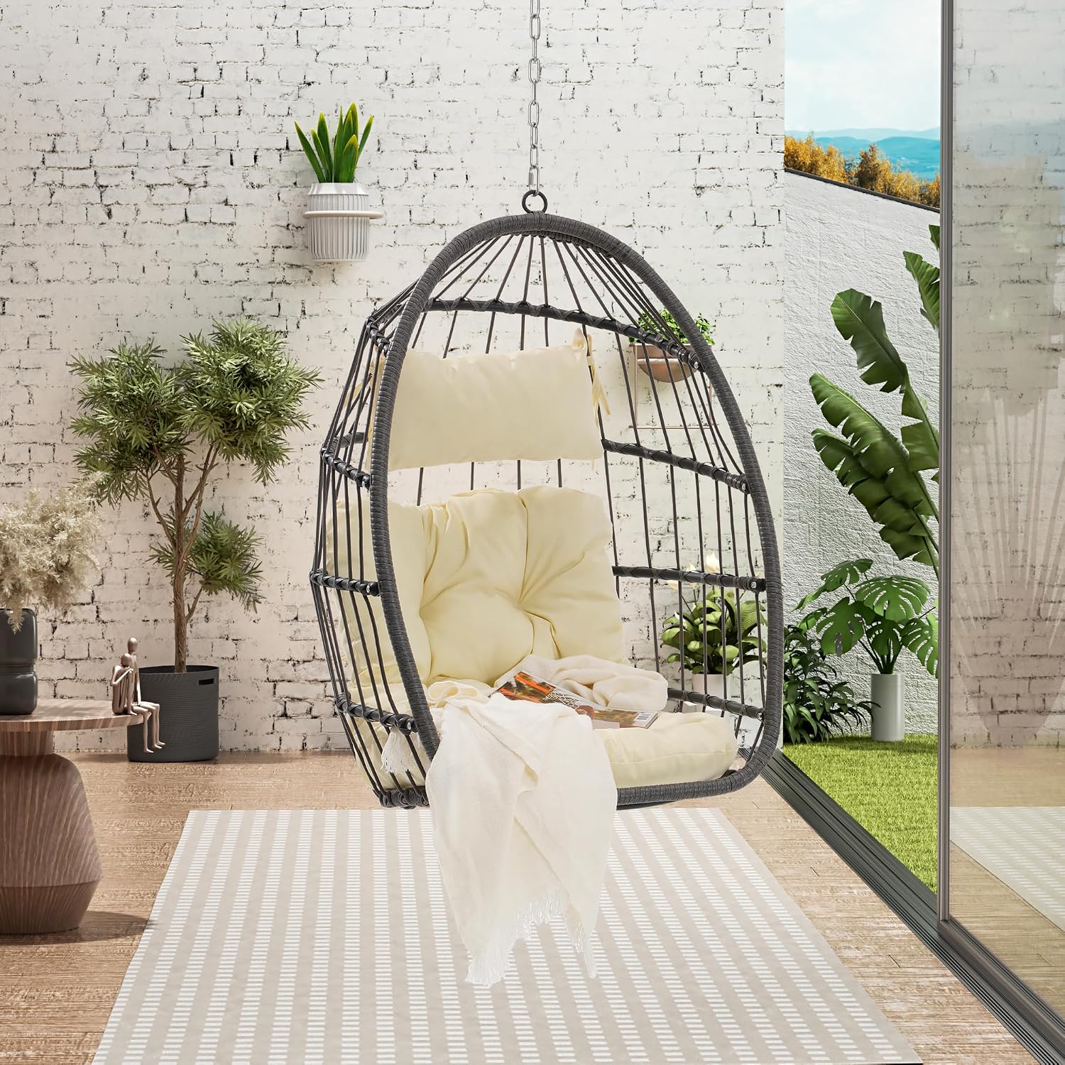 55.6' Outdoor Garden Rattan Egg Swing Chair,Patio UV Resistent PE Hanging Chairs with Cushion,Galvanized Steel Frame,Load: 360lbs,All Weather Foldable Hammock for Bedroom,Porch,Khaki+Yellow