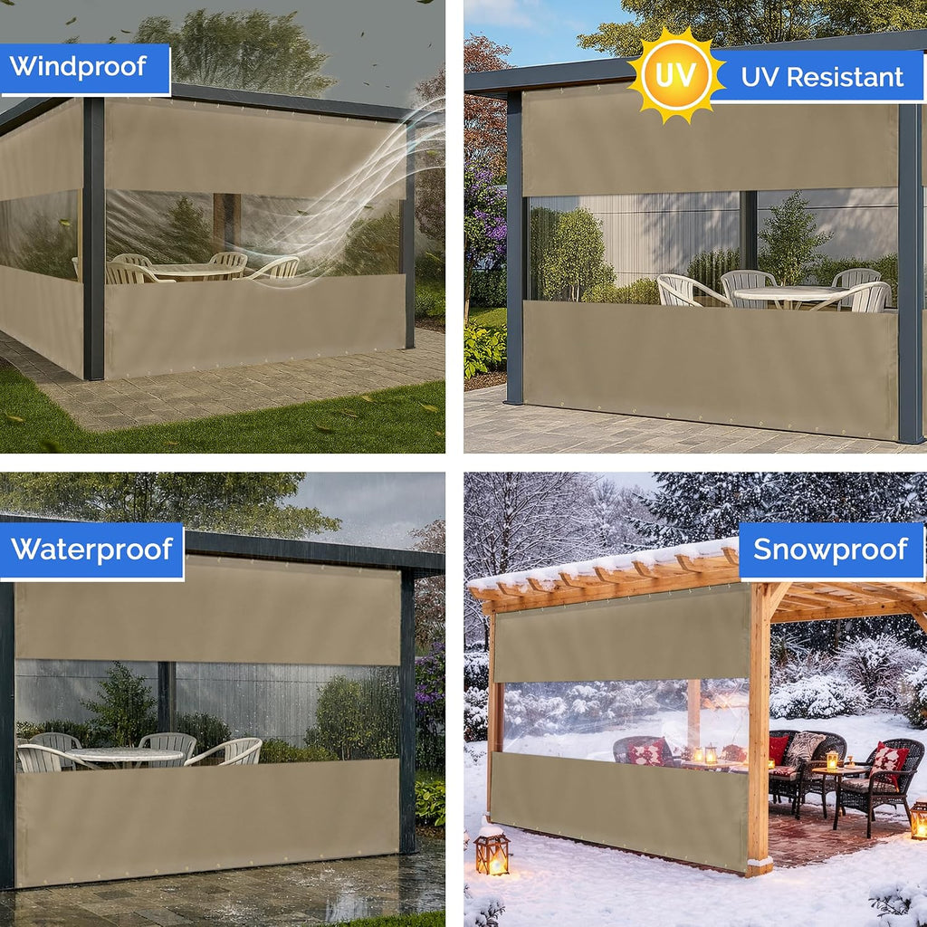 Covers & All Outdoor Clear Panel Curtain, 12 oz Vinyl Outdoor Curtains for Patio, Weather Resistant Waterproof Tarp with Brass Grommets for Pergola, Porch, Gazebos, Balcony (7'H x 12'W Feet, Beige)