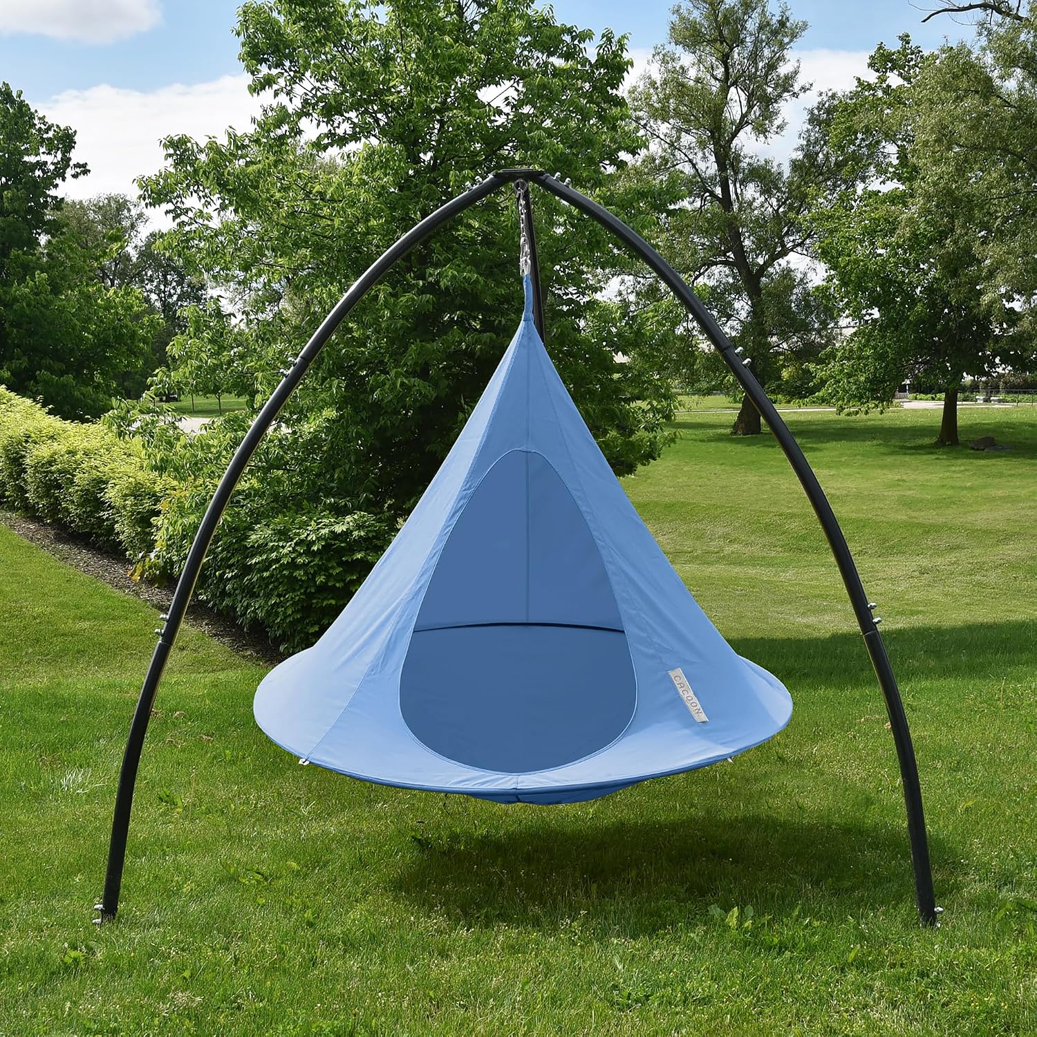Double Cacoon Hanging Chair for Two – Cozy Indoor/Outdoor Hammock with Polyester Canvas, 440 lb Capacity, Includes 18ft Rope & Carabiner (Sky Blue)