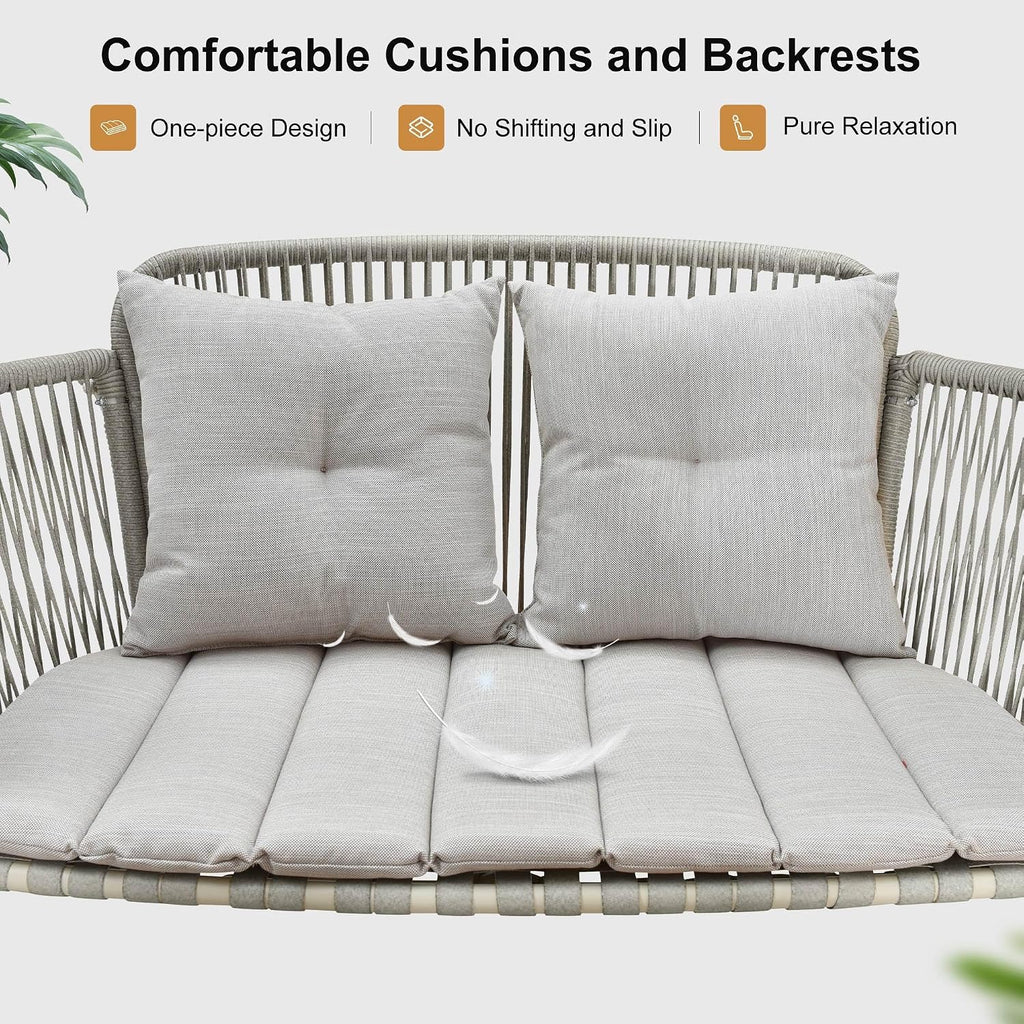 PURPLE LEAF 2-Seat Cloud Swing Chair with Stand and 12 Clear LED Lights Patio Wicker Hanging Swinging for Indoor Backyard Garden Outdoor Hammock Porch Swing, Cushion and Pillows Included, Cream