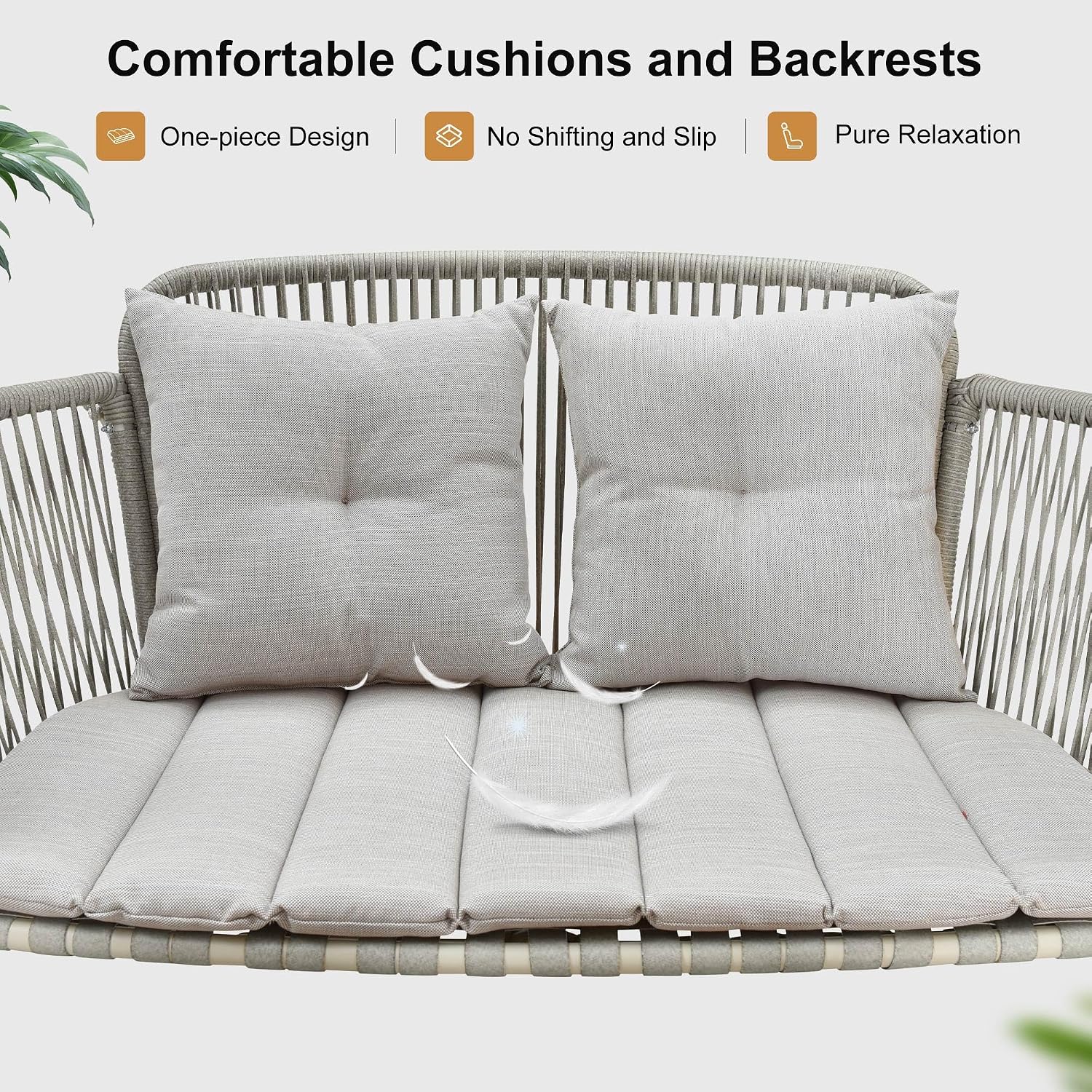 PURPLE LEAF 2-Seat Cloud Swing Chair with Stand and 12 Clear LED Lights Patio Wicker Hanging Swinging for Indoor Backyard Garden Outdoor Hammock Porch Swing, Cushion and Pillows Included, Cream