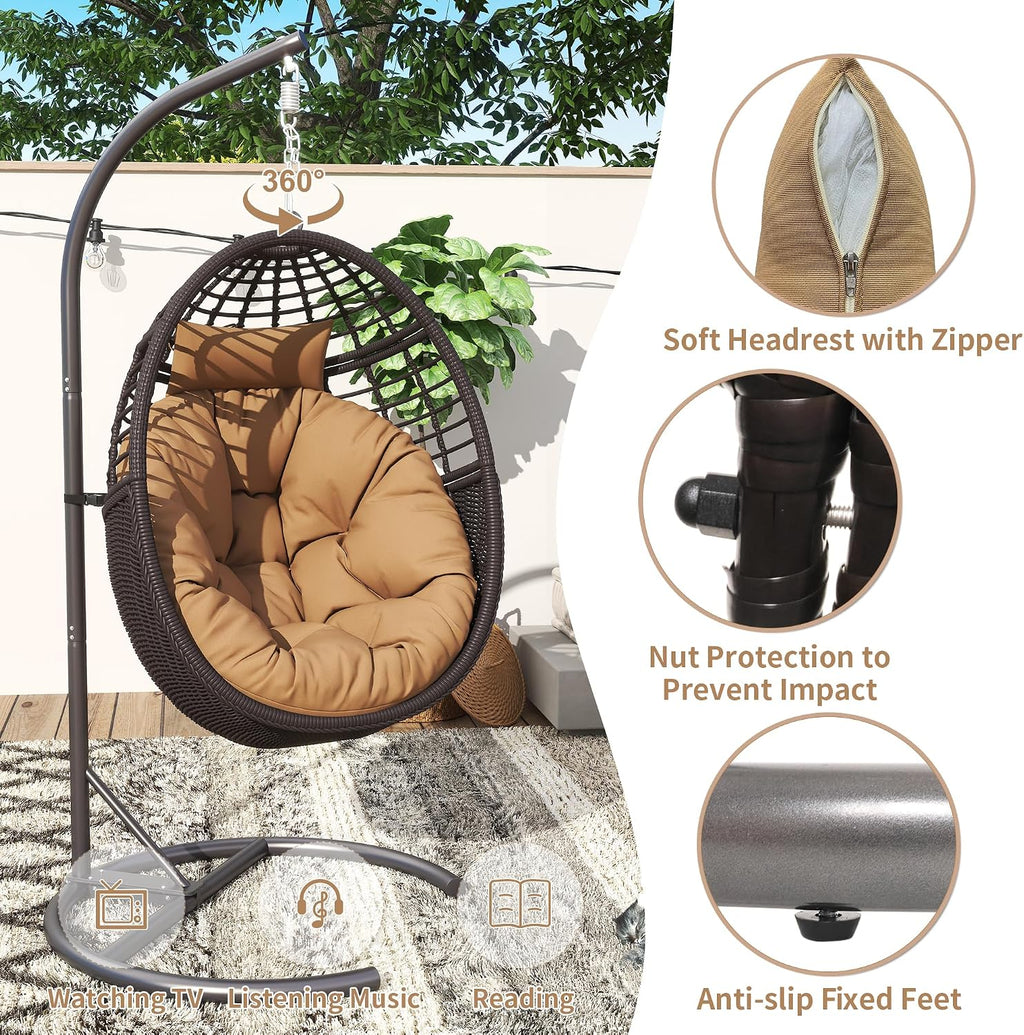 TWT Hanging Egg Chair with Stand, 330lbs Capacity Patio Wicker Egg Swing Chair with UV Resistant Cushion for Bedroom Garden Indoor Outdoor (Dark Brown)