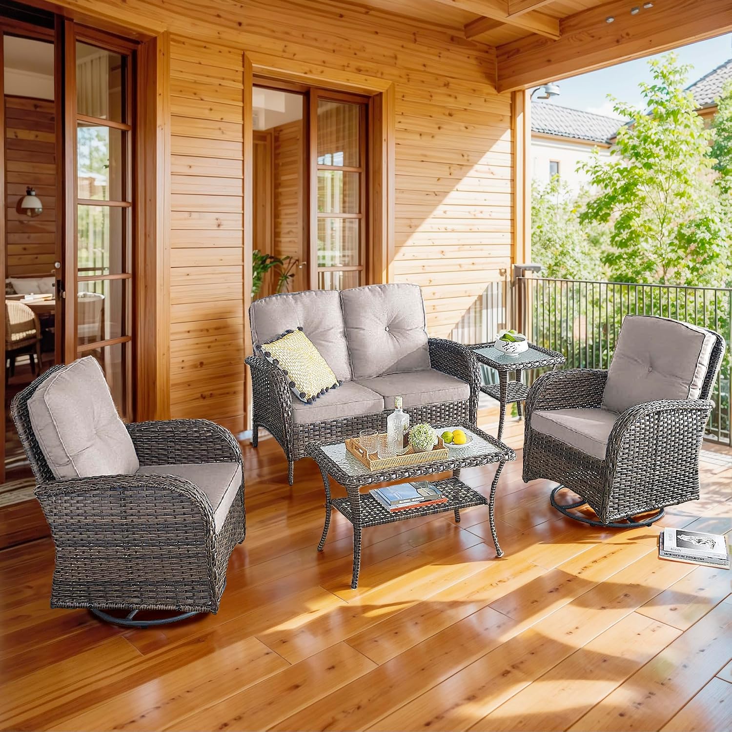 5 Piece Patio Furniture Set - Wicker Patio Conversation Set with Swivel Glider, Loveseat Bench, Tempered Glass Side Table and Coffee Table for Deck Backyard - Brown Wicker Beige Cushion