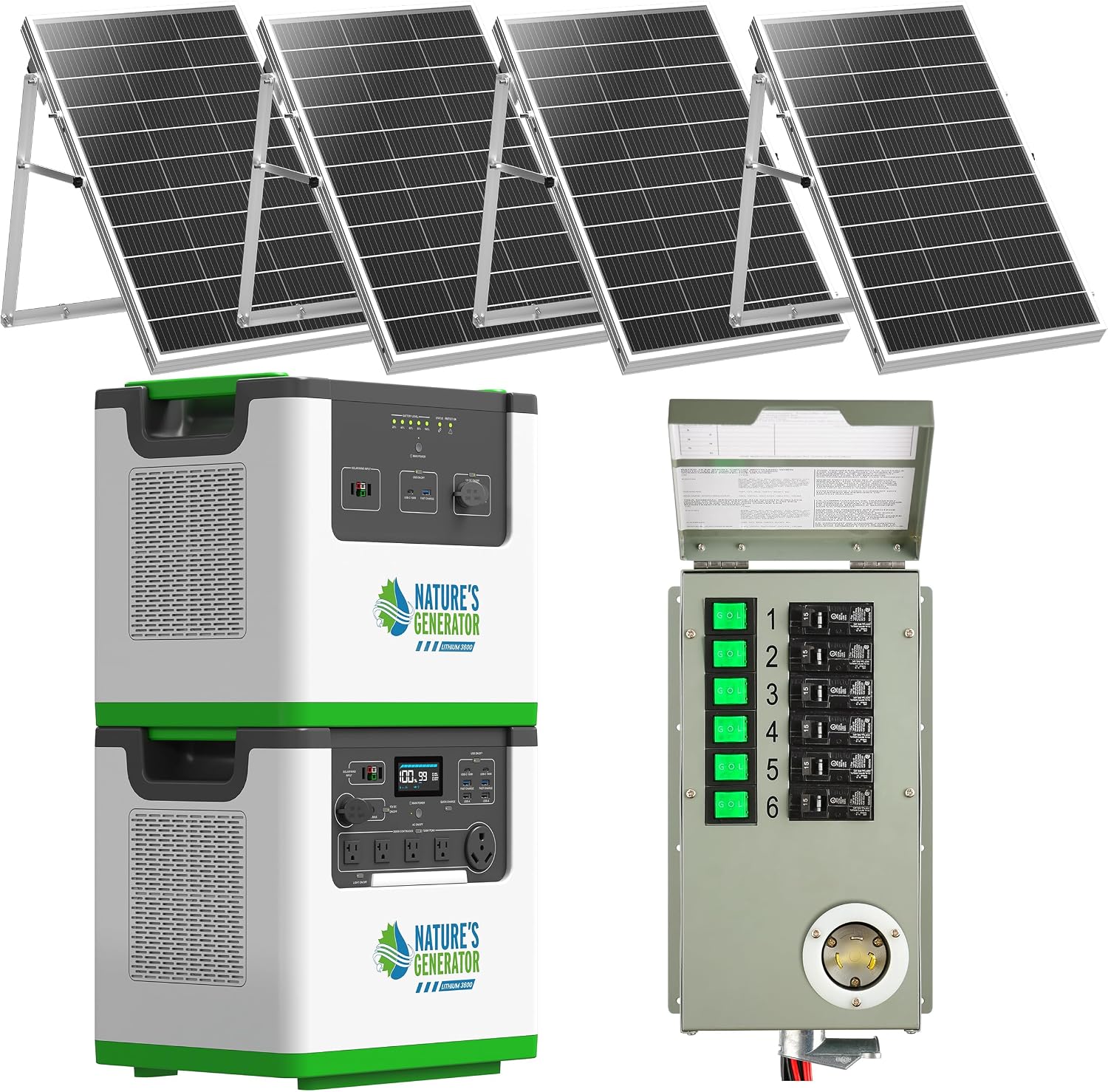 Nature's Generator Lithium 3600 Platinum PE,1 x Lithium 3600 + 1 x Pod + 4x 100w Panels + 6 Circuit Transfer Switch + 50' Cable