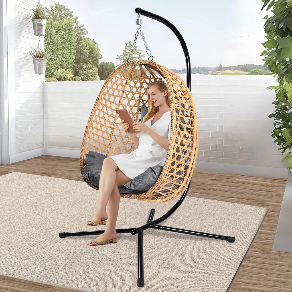 DoubleTT Egg Chair with Stand, Patio Wicker Hanging Chair, Hammock Swing Chair, 350LBS Capacity for Bedroom, Balcony, Garden (YE-GR)