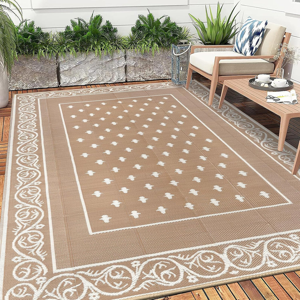 Pauwer Waterproof Outdoor Rug 10x14, Reversible Plastic Straw Patio Camping Rug, Indoor Outdoor RV Mat Carpet for Deck, Camper, Porch, Balcony, Picnic, Bordered Beige