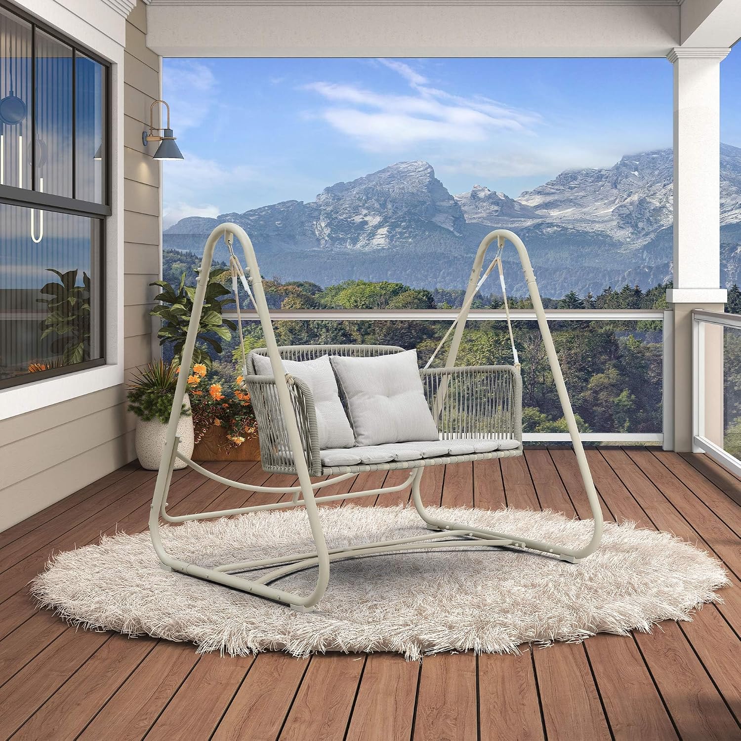 PURPLE LEAF 2-Seat Cloud Swing Chair with Stand Patio Wicker Bench Glider Loveseat Hanging Swinging for Indoor Outside Backyard Garden Outdoor Hammock Porch Swing, Cushion and Pillows Included, Cream
