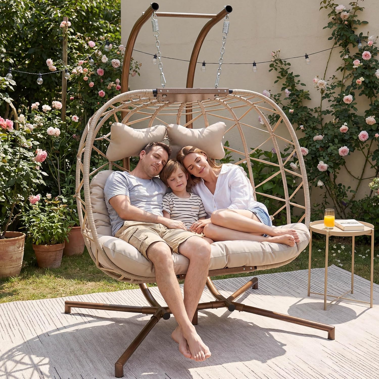 BULEXYARD 2 Person Double Egg Swing Chair with Stand, Oversized Boho Hanging Hammock Wicker Loveseat with Cushion, Comfy Outdoor Patio Chair for Balcony Backyard Bedroom, Beige