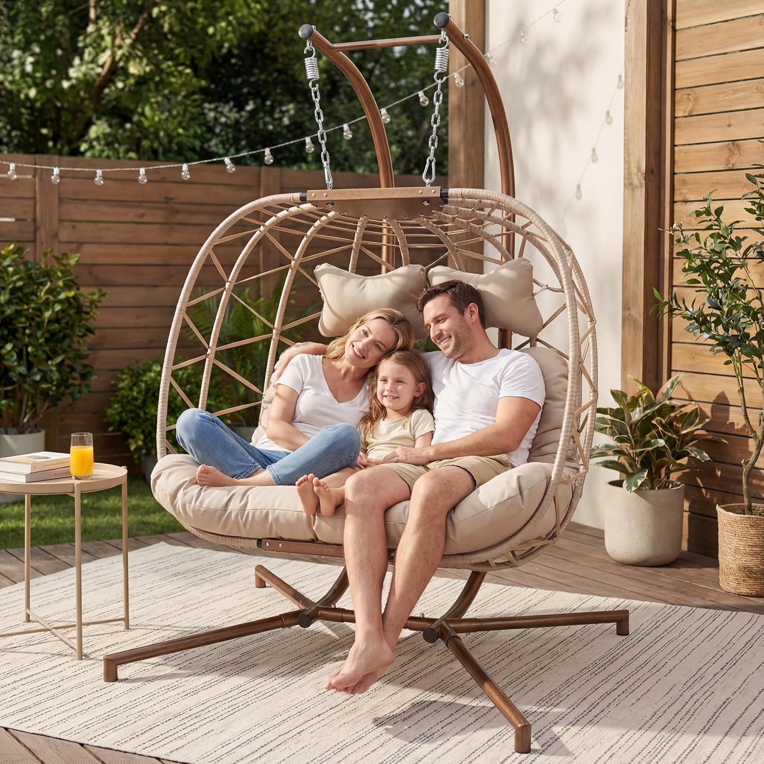 RADIATA Double Hanging Egg Chair with Stand, Oversized 2 Person Swing Egg Chairs Outdoor Indoor, All-Weather Wicker Egg Swing Chair Loveseat with Comfy Thick Cushion for Patio Balcony Porch, Beige