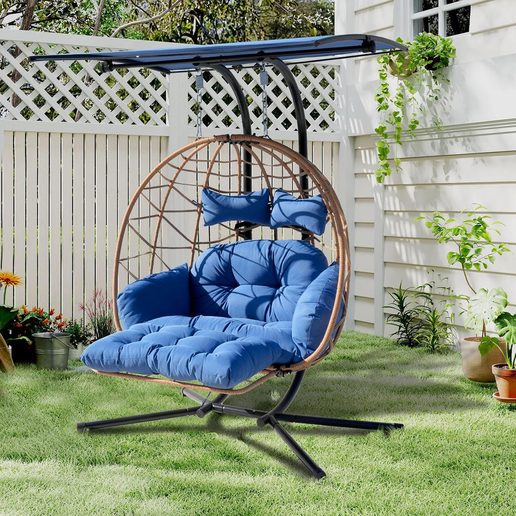 Double Egg Chair with Foldable Stand/Adjustable Canopy 2 Person Outdoor Hammock Swing Chair UV Resistant Removable Cushions for Outdoor Patio Balcony Garden (Blue)