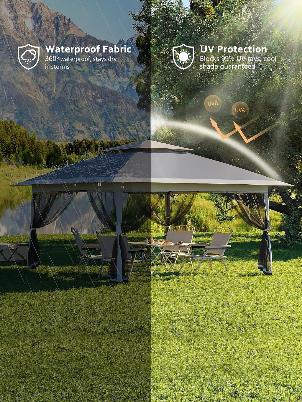 Garvee 13x13 ft Pop Up Gazebo, Canopy Tent with Mosquito Netting, Outdoor Gazebos for Backyard & Patio Furniture - Pop Up Canpy with Wheeled STO-N-Go Cover Bag (Dark Grgy+Light Grey)