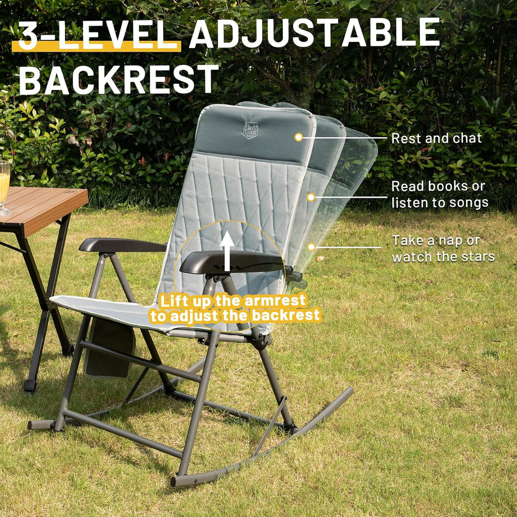 Timber Ridge 3-Level Adjustable Rocking Camping Chair, Ergonomic Padded High Back, Supports 300 LBS, Stable Anti-Tip Rocker, Hard Armrests for Easy Standing, Portable for Patio, Lawn & Tailgating