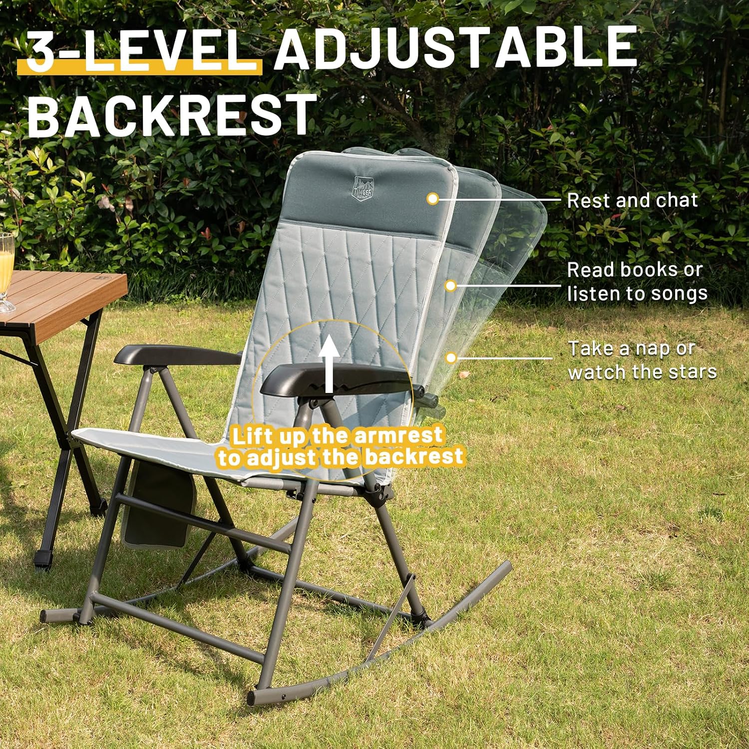 Timber Ridge 3-Level Adjustable Rocking Camping Chair, Ergonomic Padded High Back, Supports 300 LBS, Stable Anti-Tip Rocker, Hard Armrests for Easy Standing, Portable for Patio, Lawn & Tailgating