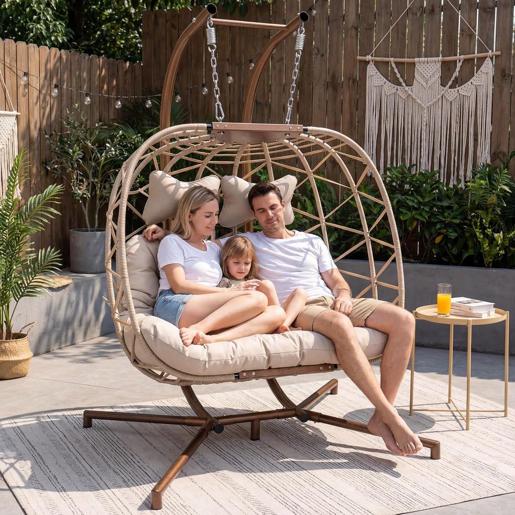 BULEXYARD 2 Person Hanging Egg Chair with Stand, Extra Large Wicker Patio Hammock Loveseat Swing, Oversized Cushioned Double Swing Chair for Indoor Outdoor Garden Balcony Backyard, Beige