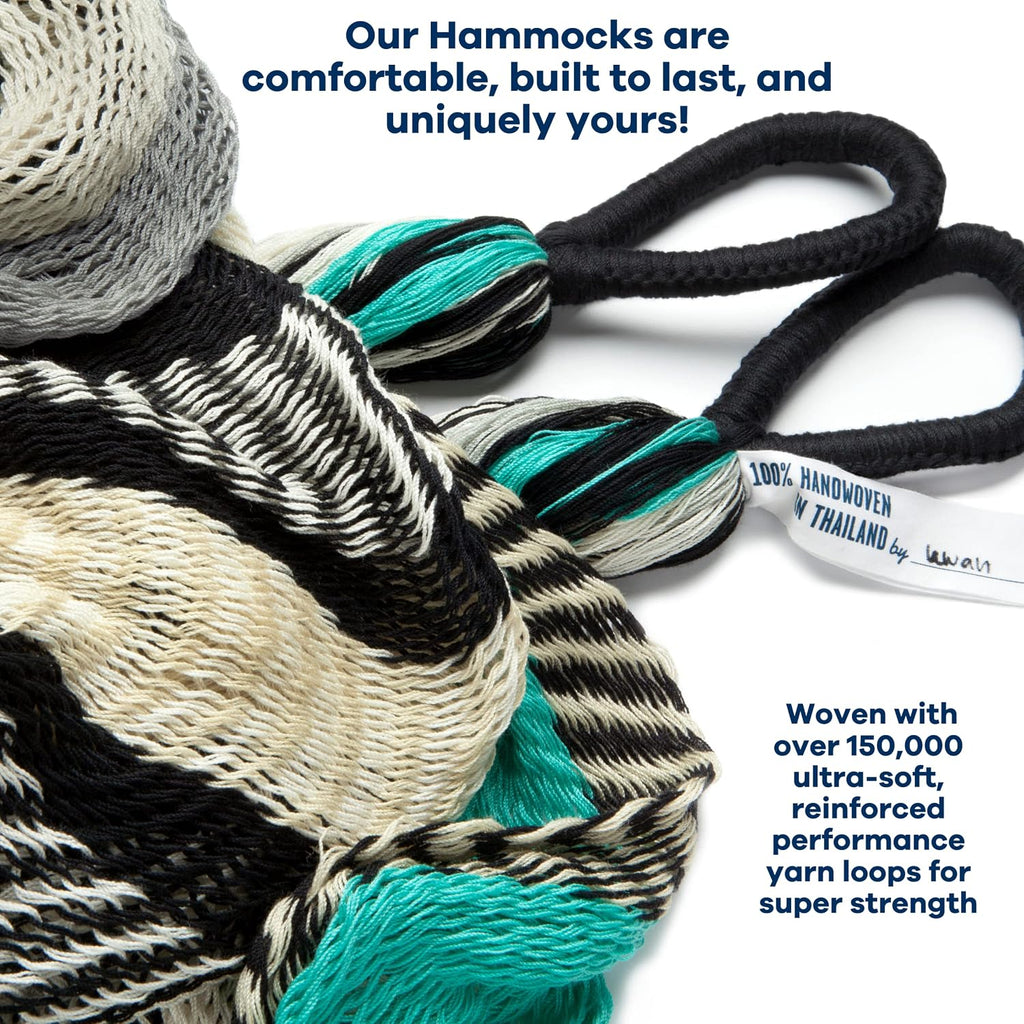 Handwoven Hanging Chair by Yellow Leaf Hammocks - Fits 1 Person, 330lb Max - Kick Back for Full-Body Recline - Weathersafe, Ultra Soft, Hang Anywhere - Color: Turquoise - Black -White