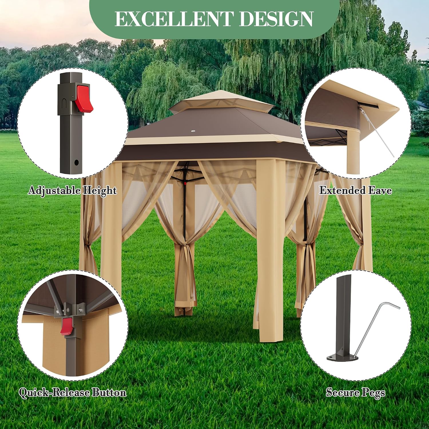 13x13FT Pop Up Gazebo Screen Tent,Hexagonal Instant Gazebo Tent with Mosquito Netting Outdoor Canopy,6 Sided Sun Shelter with Mesh Netting,Pavilion Tents for Lawn, Garden, Backyard & Patio Furniture