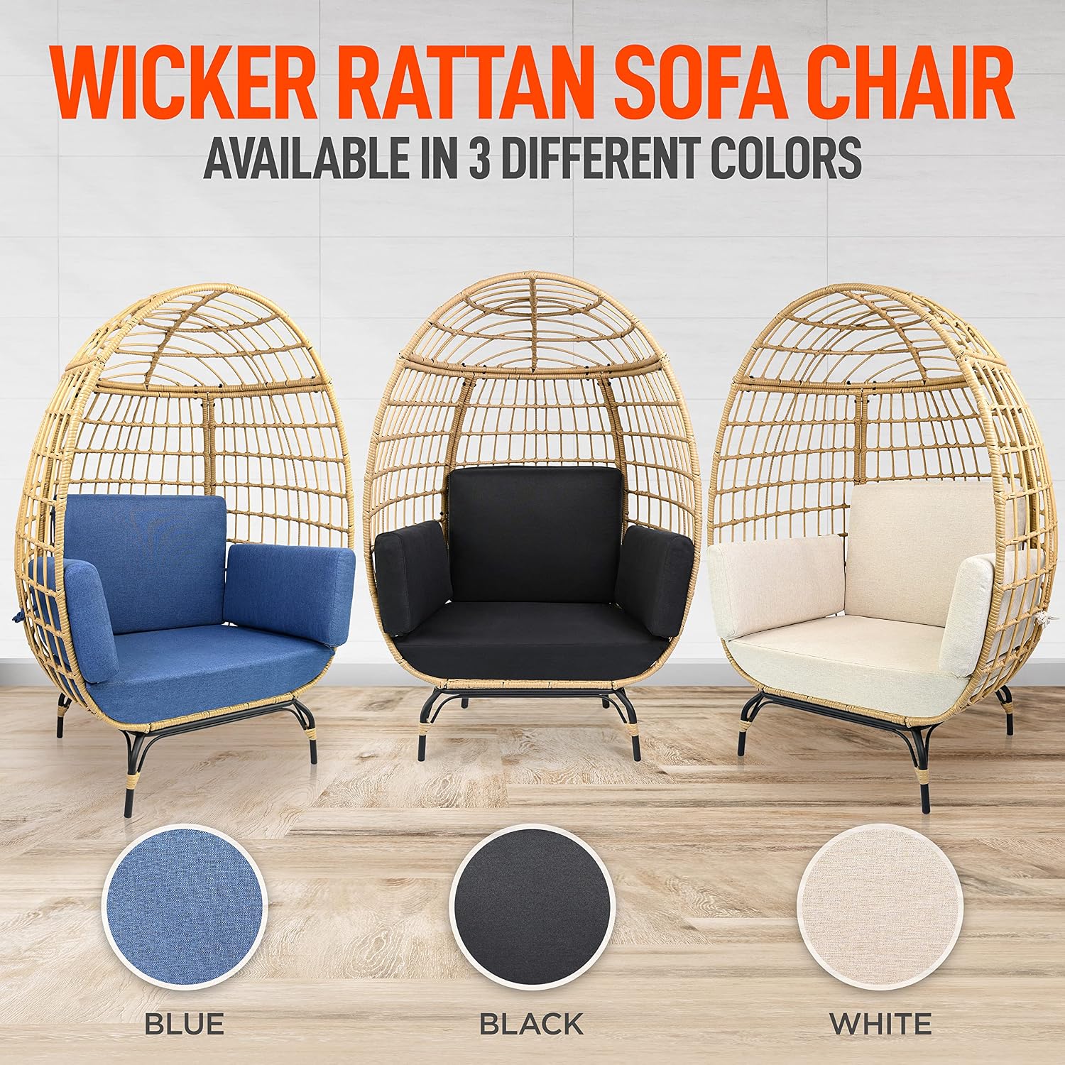 SereneLife Wicker Rattan Egg Chair with Cushions, Indoor Outdoor Egg Chair with Steel Frame and Washable Pillows, Woven Texture, Comfortable Design for Porch, Deck, Garden, or Room, Holds Up to 440lbs