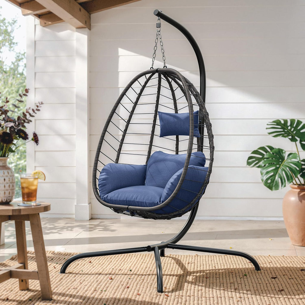 ALAULM Foldable Egg Chair with Stand, 485LBS Capacity Wicker Rattan Hammock Swing Chair for Outdoor & Indoor, Patio Hanging Chair with Strong Frame & UV Resistant Cushion for Balcony, Bedroom, Blue