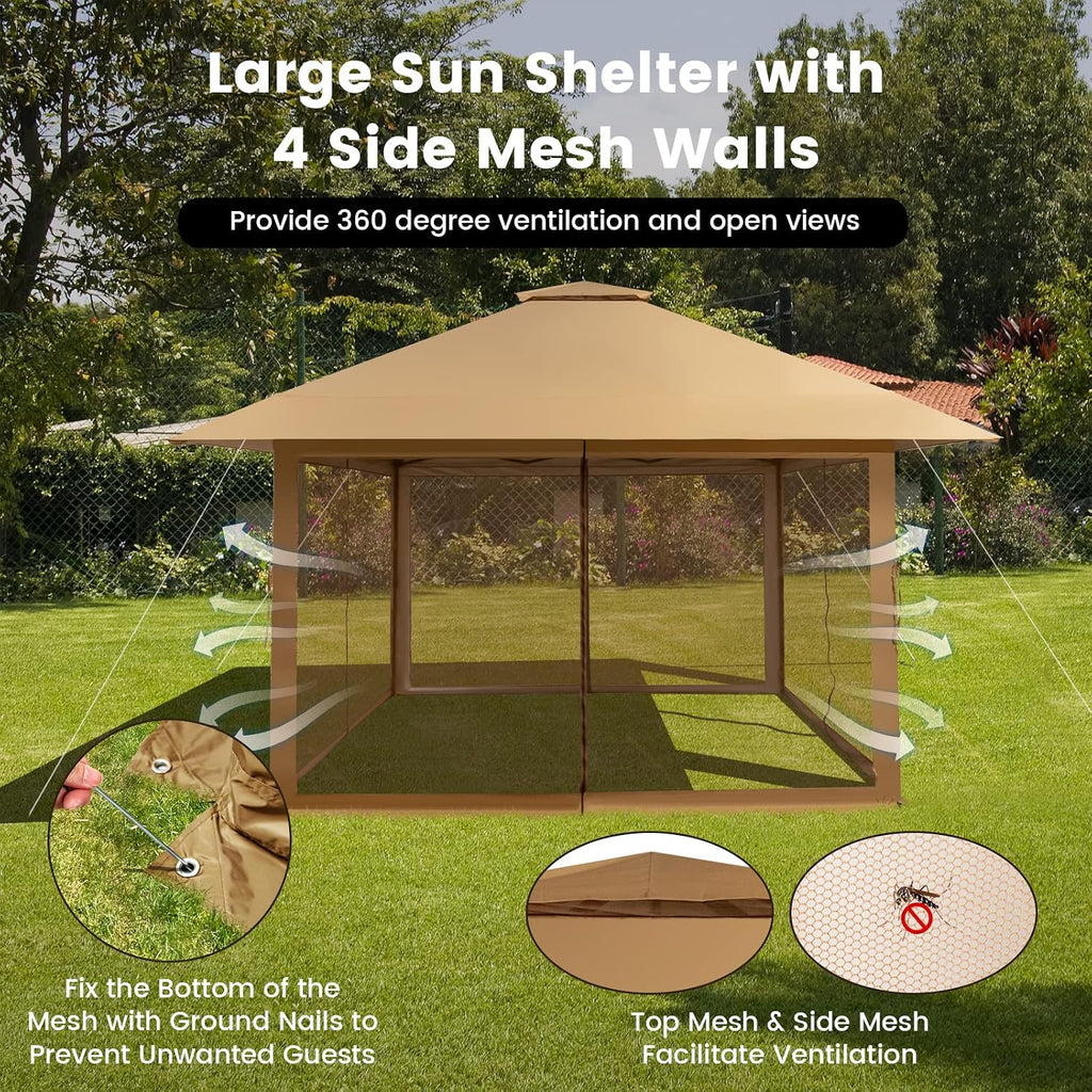 Tangkula 13x13 Ft Pop Up Gazebo with Netting, 2 Tier Patio Gazebo with Center Lock, Mesh Sidewalls, 4 More Ribs, Wheeled Bag, Easy Setup Instant Outdoor Shelter for Garden, Deck, Backyard, UPF50+
