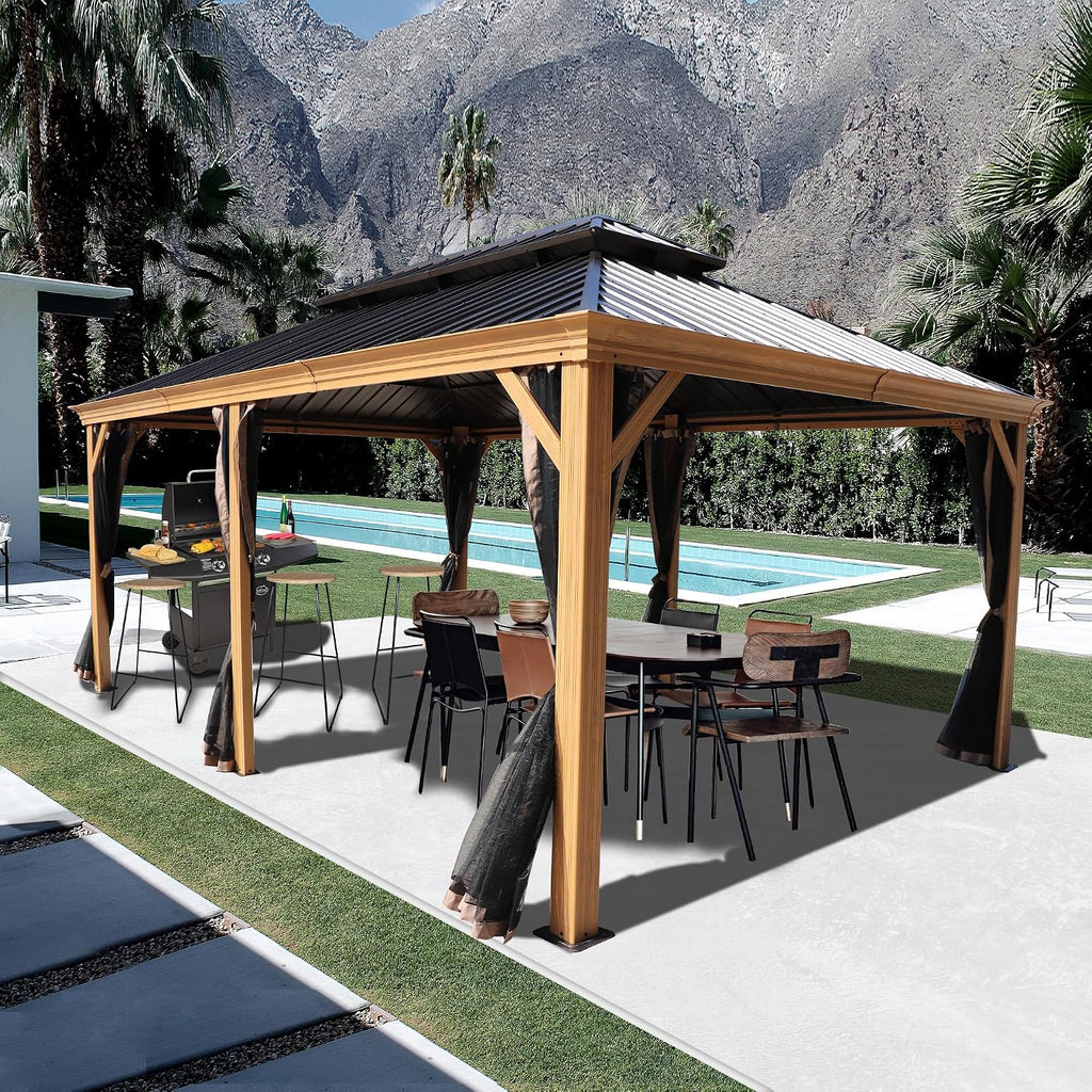 Kozyard Apollo 12'x18' Hardtop Gazebo, Wooden Coated Aluminum Frame Canopy with Galvanized Steel Double Roof, Outdoor Permanent Metal Pavilion with Netting for Patio, Deck and Lawn (12ft x18ft)