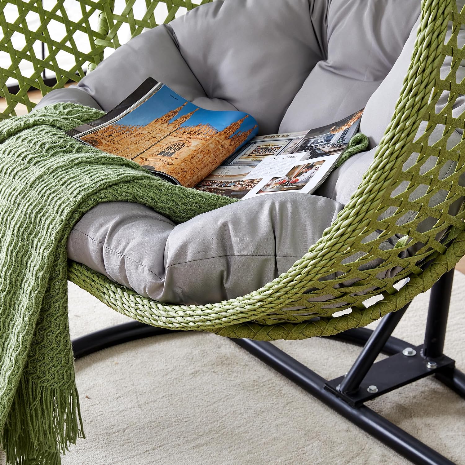 Egg Chair Indoor Outdoor, Hanging Chair for Bedroom, Swing Hammock with Stand & Cushions, Comfy Swinging Adult Reading Chair for Patio Balcony Backyard, Heavy Duty 350LBS, Green