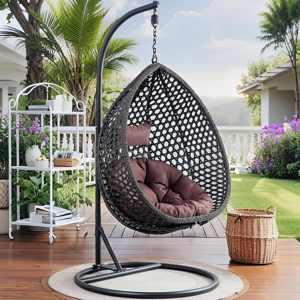 Egg Swing Chair with Stand Outdoor Indoor, Hanging Egg Chair with Cushions and Pillow,300lbs Capacity for Porch, Patio,Garden, Bedroom, Balcony, Black