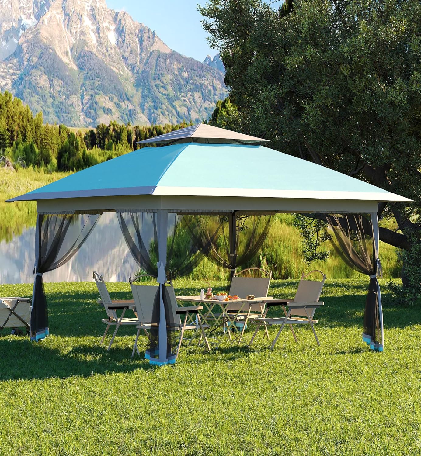 Garvee 13x13 ft Pop Up Gazebo, Canopy Tent Gazebos with Mosquito Netting, Outdoor Patio Gazebo, Backyard Tent for Party, Wedding, Outdoor Dining(Light Blue+Light Grey)