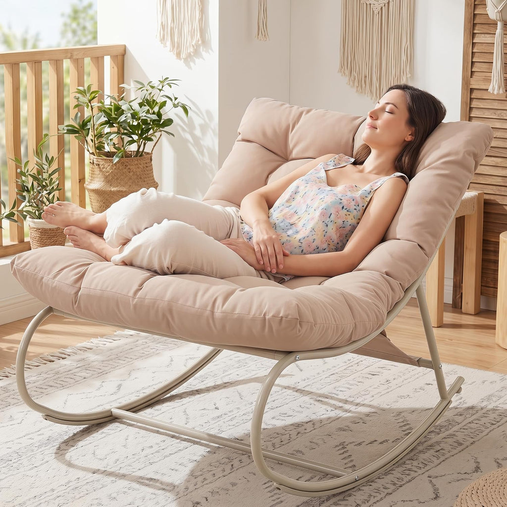 Oversized Double Papasan Rocking Chair Set of 2 with Ottoman, Egg Shaped Patio Lounge Chair with Thick Soft Cushion, Outdoor Relaxation Furniture for Porch, Backyard, Garden, Khaki