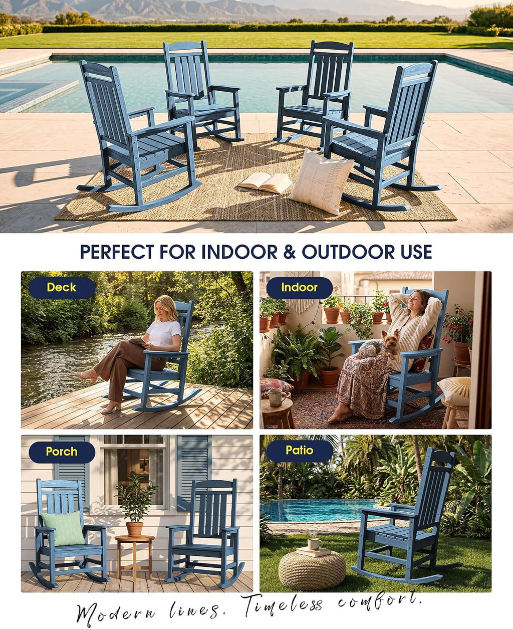 KINGYES Oversized Outdoor Rocking Chair with Cushion Set of 2, All-Weather Patio Rocking Chairs, HDPE Porch Rocker for Adults, 350 lbs Capacity, Blue Chair with Beige Cushion