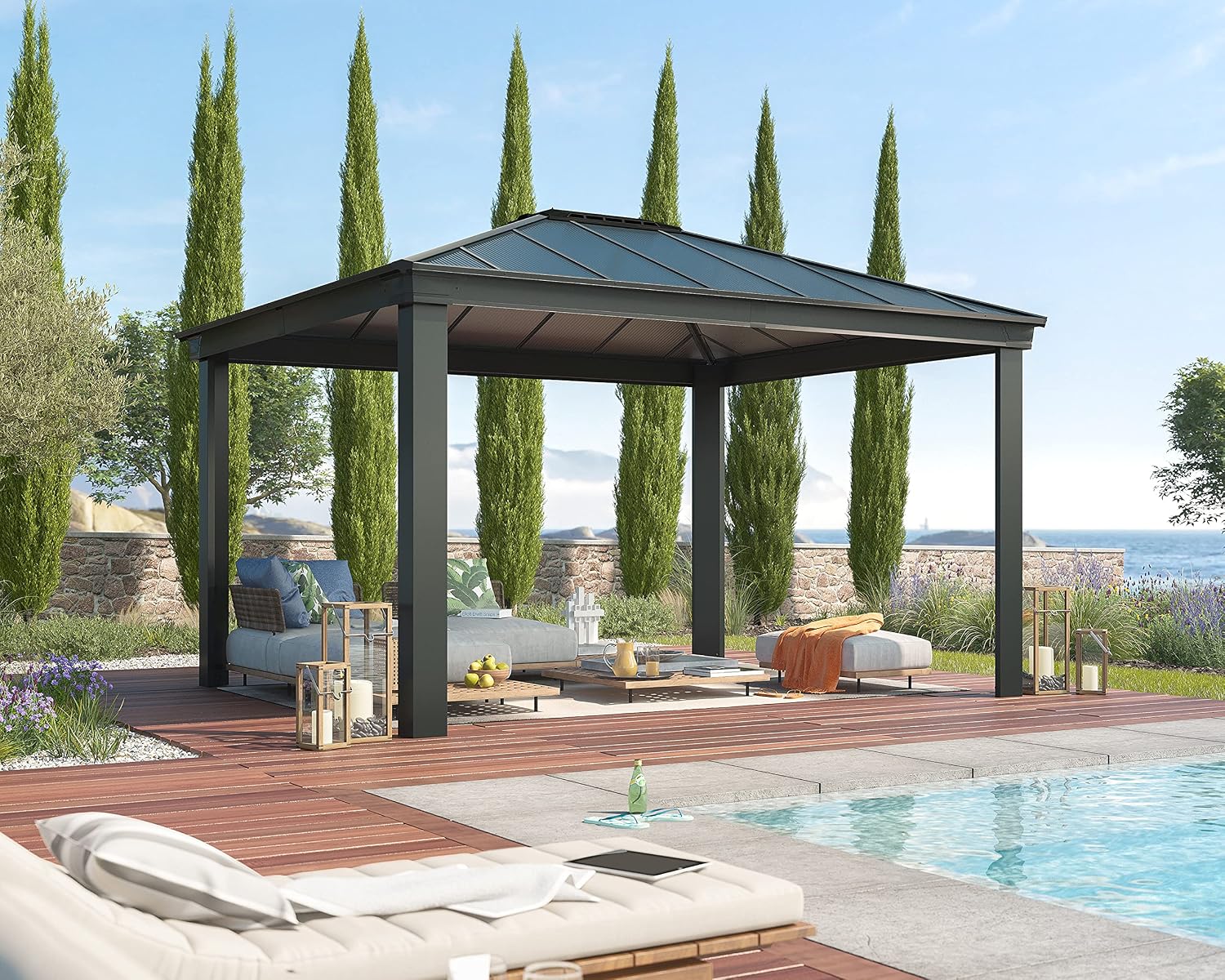 Palram - Canopia Dallas 4300 14x12 Gazebo, Outdoor Patio Canopy with Gray Aluminum Metal Frame, Polycarbonate Roof Panels, UV Protection, Rain Gutters, Vents, Year-Round Use, Easy DIY Outdoor Canopy