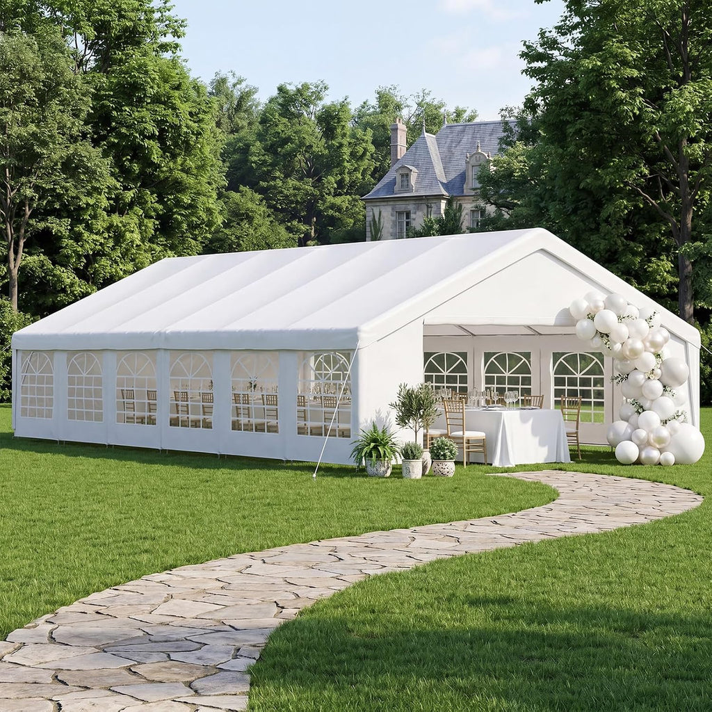 Aoxun 20x40 Party Tent Canopy for Weddings Waterproof Event Tent with Removable Sidewalls &Roll-up Door, Heavy-Duty Steel Frame for Outdoor Weddings, BBQ, Birthday Parties, & Camping,White