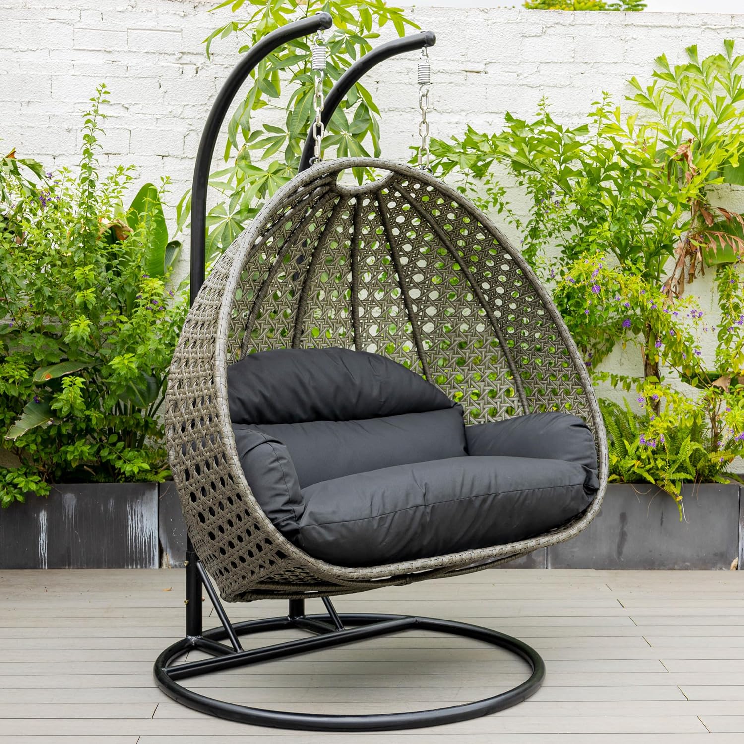 LeisureMod 2 Person Wicker Hanging Egg Chair with Stand & UV-Resistant Cushions for Indoor/Outdoor, Patio, Lounge, Hammock Seat, Black