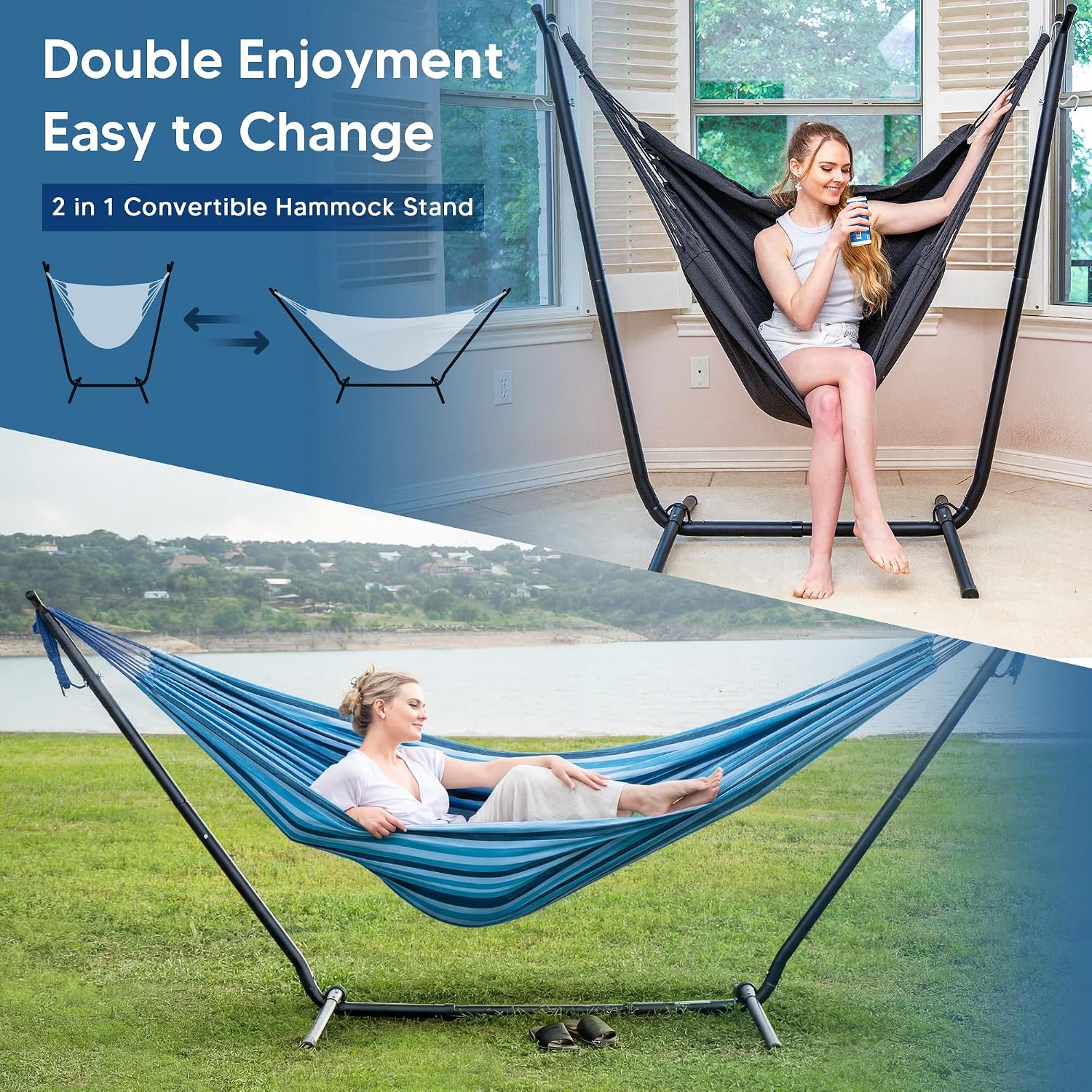 SUNCREAT 2-in-1 Convertible Backyard Fabric Hammock with Stand, Large Hammocks for Outside, Blue Stripes