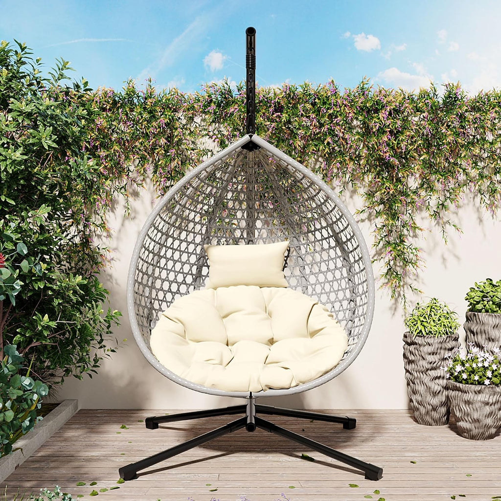 Hanging Egg Chair with Stand, Indoor Outdoor Hammock Swing Chair, 330 lbs Capacity, HDPE Rattan, Iron Frame, Removable Cushion, Foldable Design (Gray+Beige)