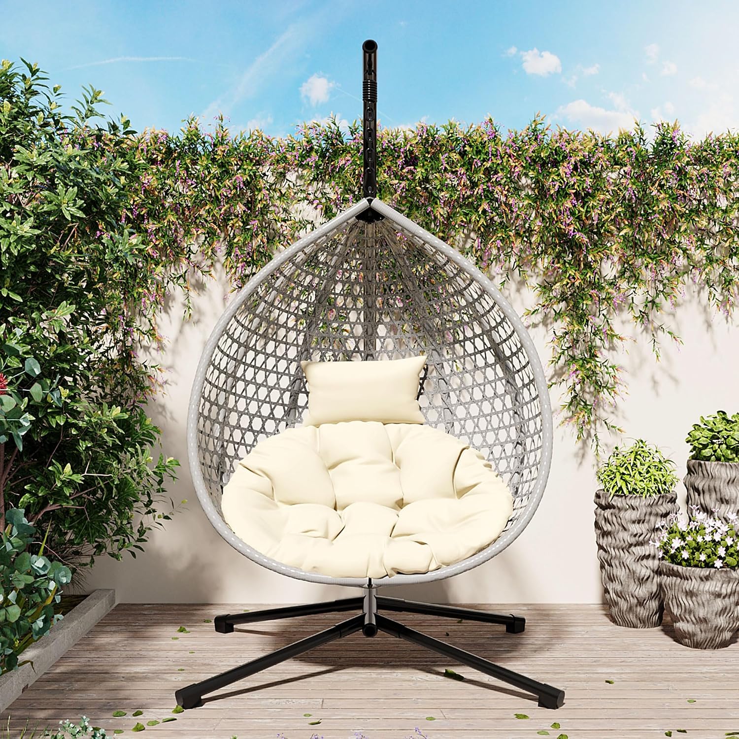 Hanging Egg Chair with Stand, Indoor Outdoor Hammock Swing Chair, 330 lbs Capacity, HDPE Rattan, Iron Frame, Removable Cushion, Foldable Design (Gray+Beige)