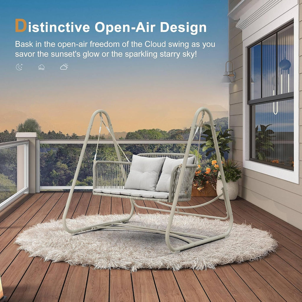 PURPLE LEAF 2-Seat Cloud Swing Chair with Stand and 12 Clear LED Lights Patio Wicker Hanging Swinging for Indoor Backyard Garden Outdoor Hammock Porch Swing, Cushion and Pillows Included, Cream