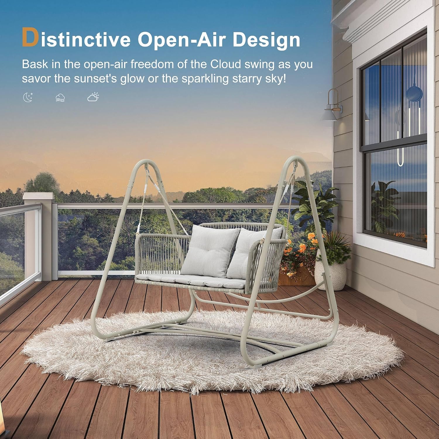 PURPLE LEAF 2-Seat Cloud Swing Chair with Stand and 12 Clear LED Lights Patio Wicker Hanging Swinging for Indoor Backyard Garden Outdoor Hammock Porch Swing, Cushion and Pillows Included, Cream