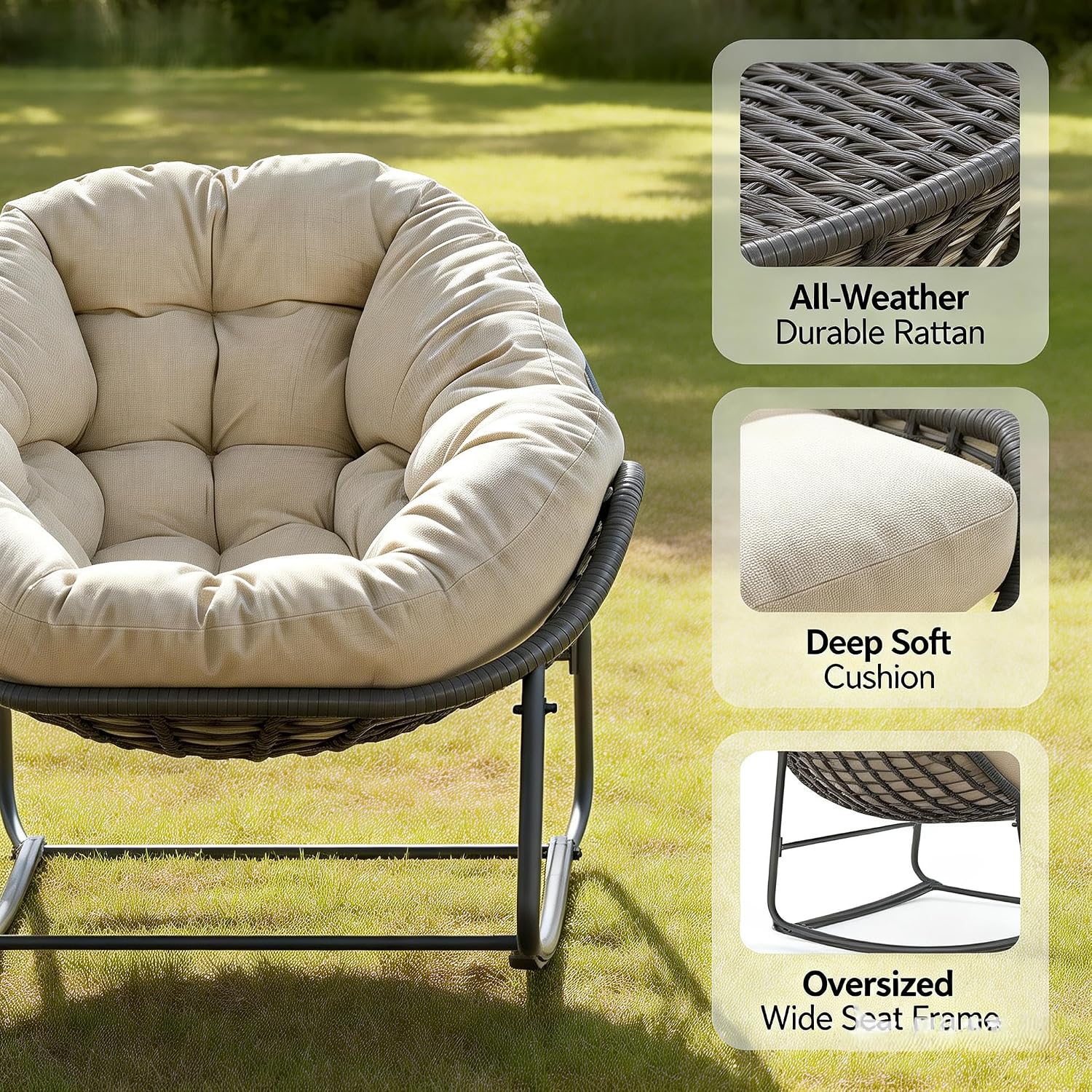 YDcosyfy Oversized Outdoor Papasan Rocking Chair with Soft Cushion, Comfy Patio Egg Chair, Wicker Lounge Rocker for Balcony/Porch/Garden, Reinforced All Weather Rattan Frame, 330 lbs Support, Beige