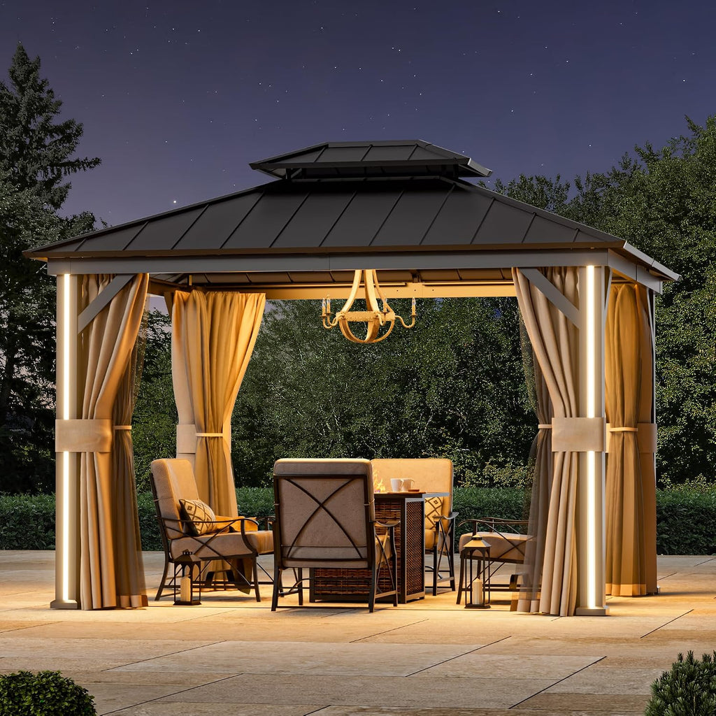Big Leaf 10' x 12' Hardtop Gazebo with LED Strip Lights – Galvanized Steel Double Roof, USB and USB-C connectors, Mosquito Netting and Curtains – Outdoor Metal Gazebo for Decks and Backyards, Black