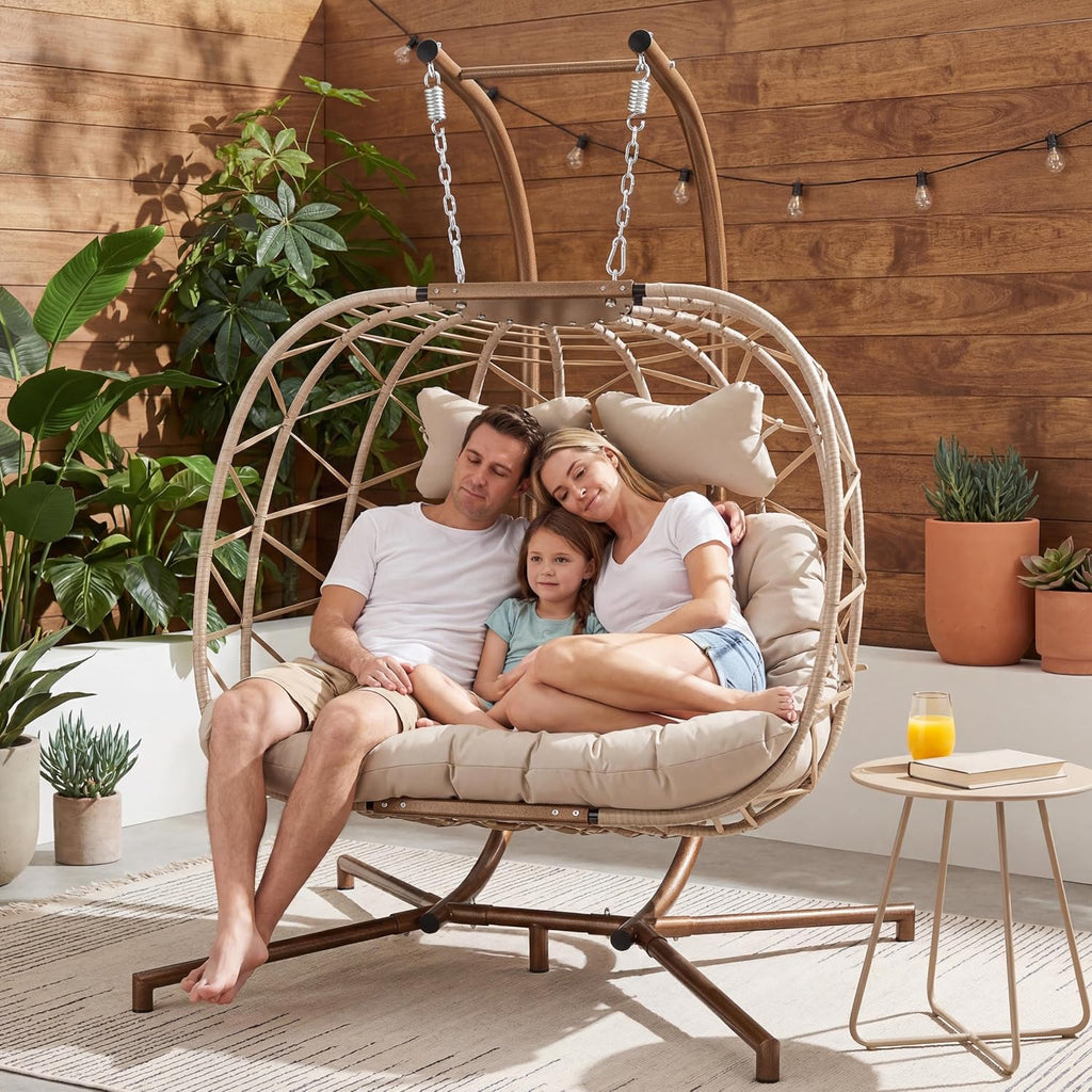 BULEXYARD 2 Person Double Egg Swing Chair with Stand, Oversized Boho Hanging Hammock Wicker Loveseat with Cushion, Comfy Outdoor Patio Chair for Balcony Backyard Bedroom, Beige