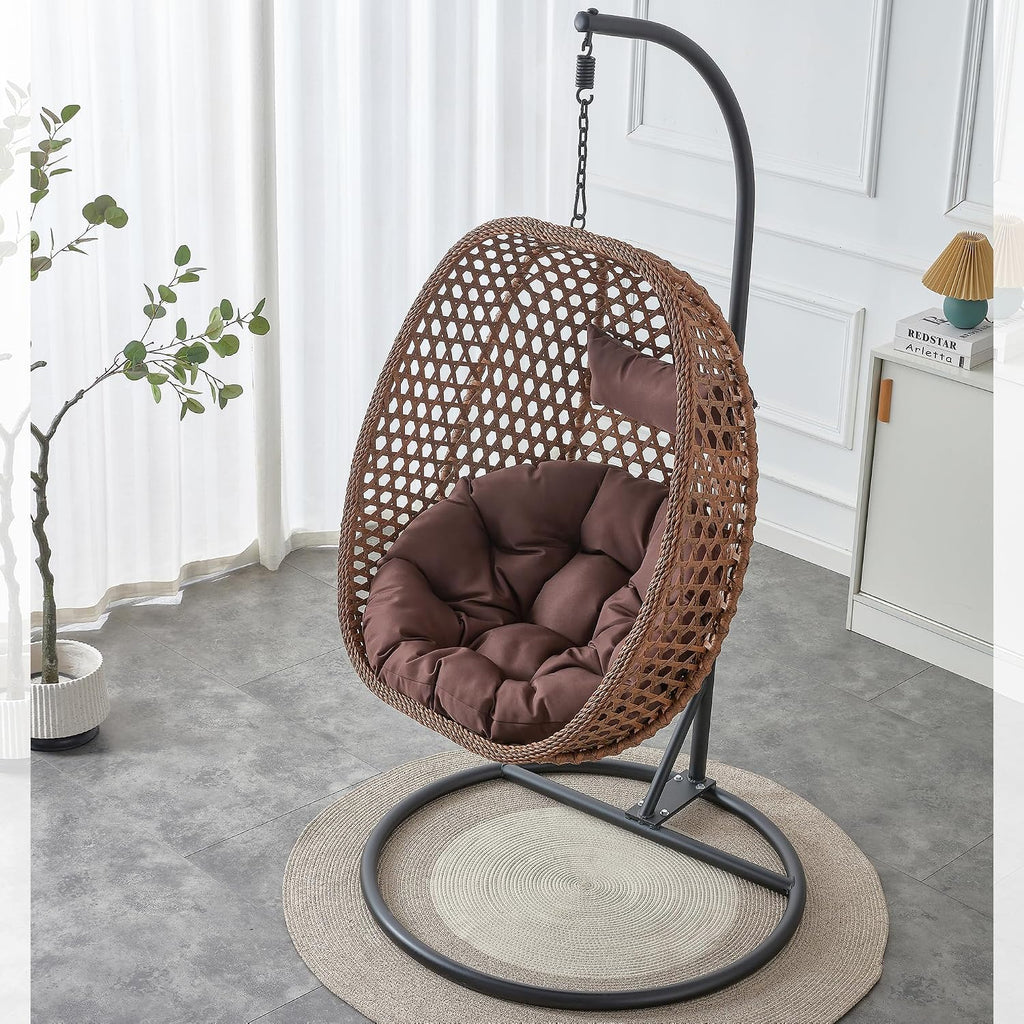 Egg Swing Chair with Stand Outdoor Indoor, Hanging Egg Chair with Cushions and Pillow,300lbs Capacity for Porch, Patio, Bedroom, Balcony, Brown
